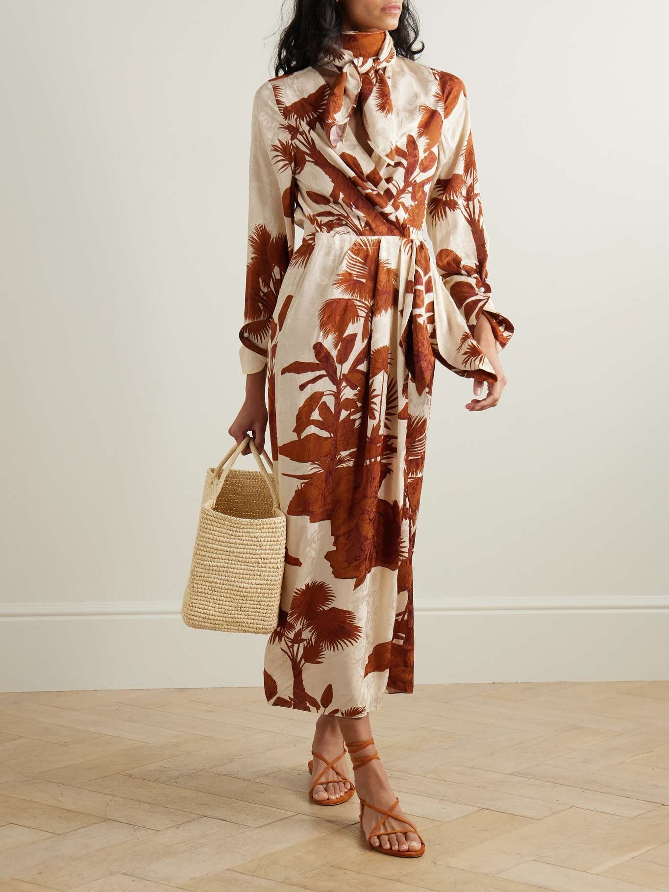 Unmooring tie-detailed printed satin-jacquard midi wrap dress - 2