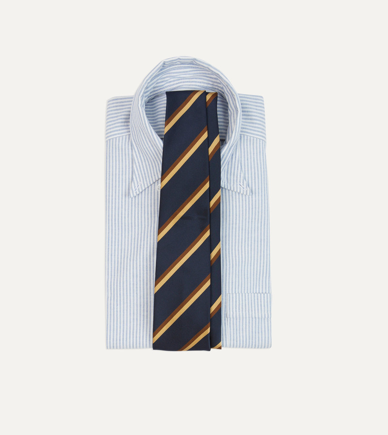 Drake's Gold, Navy and Brown Double Stripe Mogador Silk Tipped Tie outlook