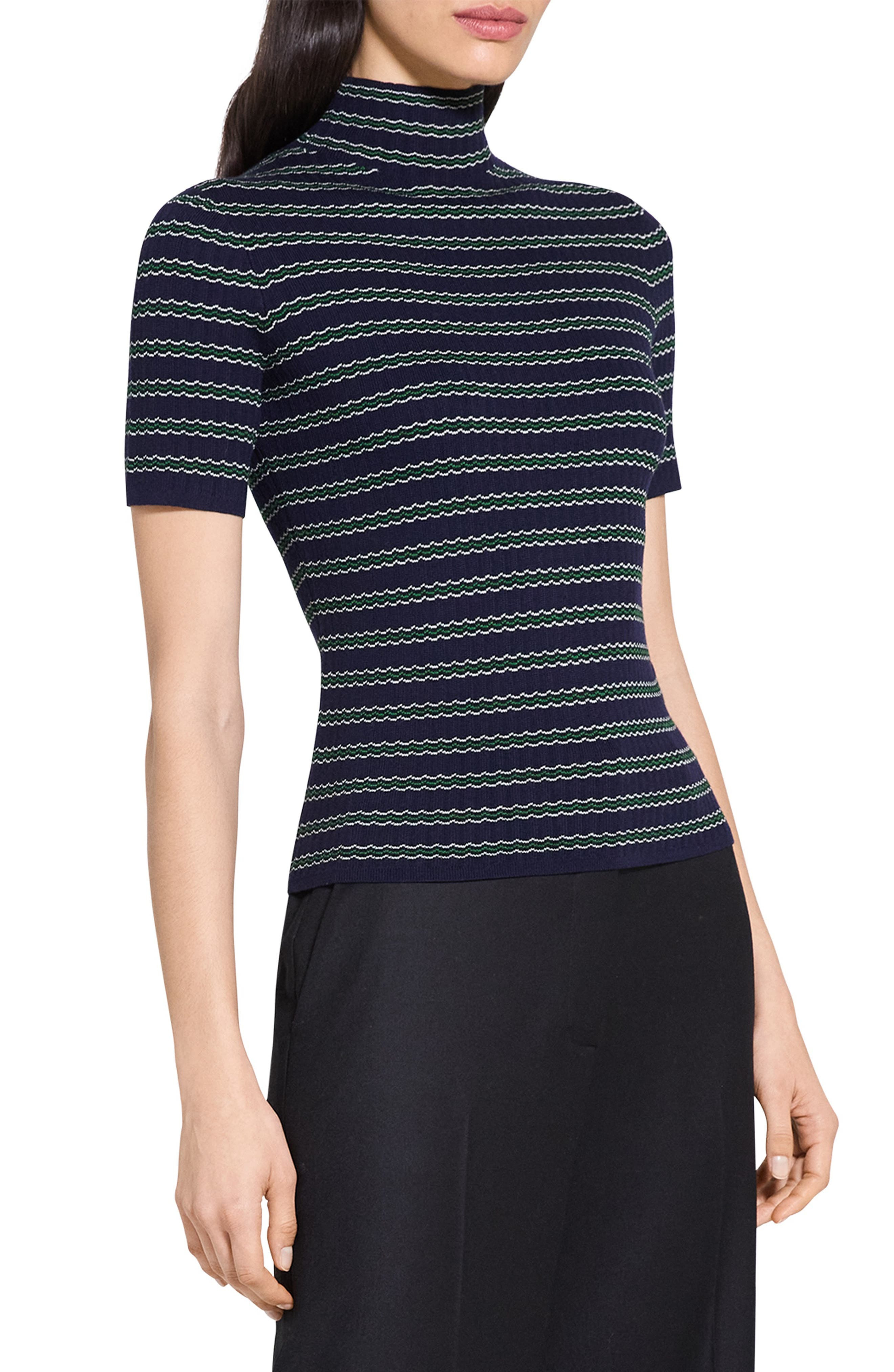 Theory Leenda Stripe Merino Wool Mock Neck Sweater in Deep Navy Multi at Nordstrom - 3