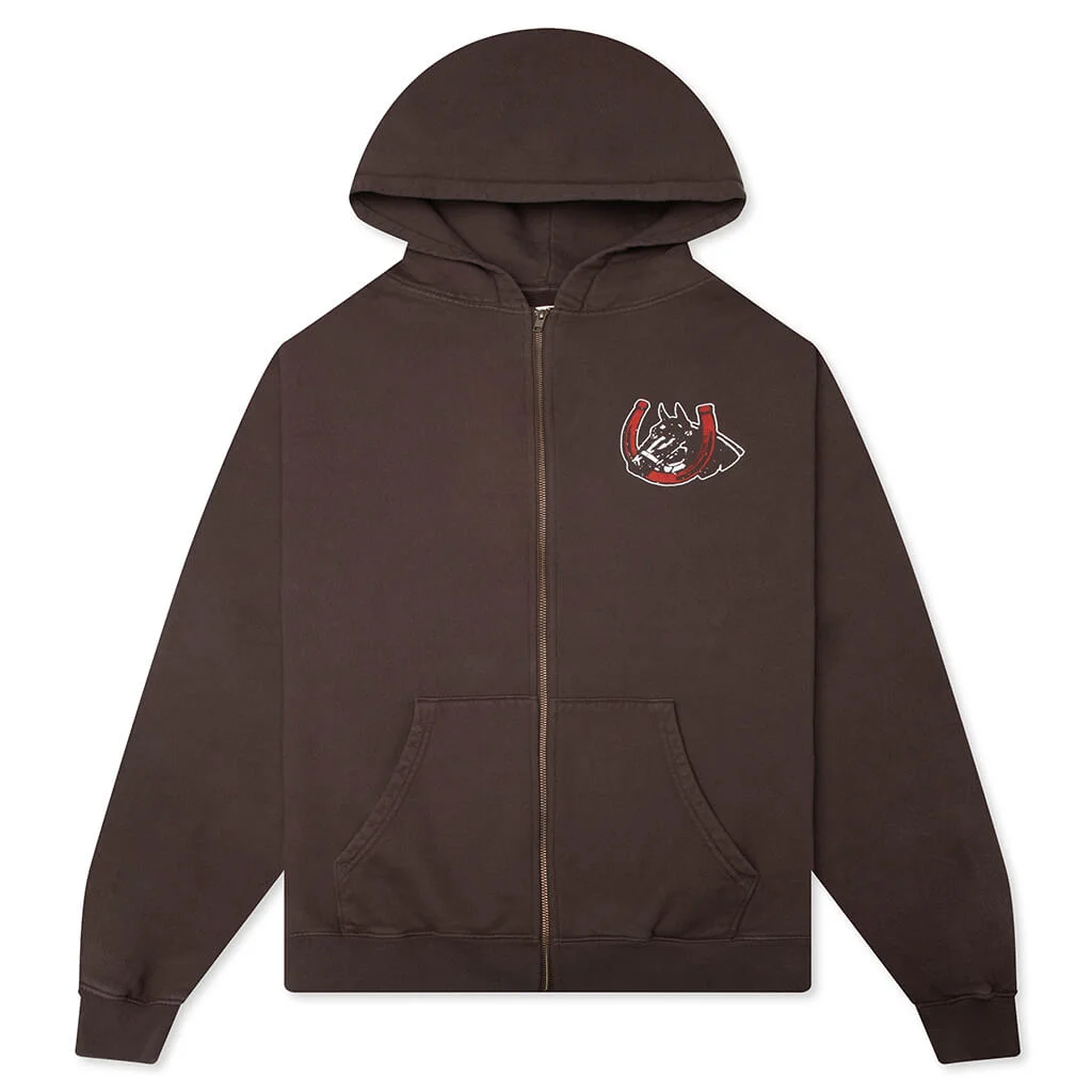 VALLEY RIDERS ZIP UP HOODIE - SUN FADED WASHED BROWN - 1