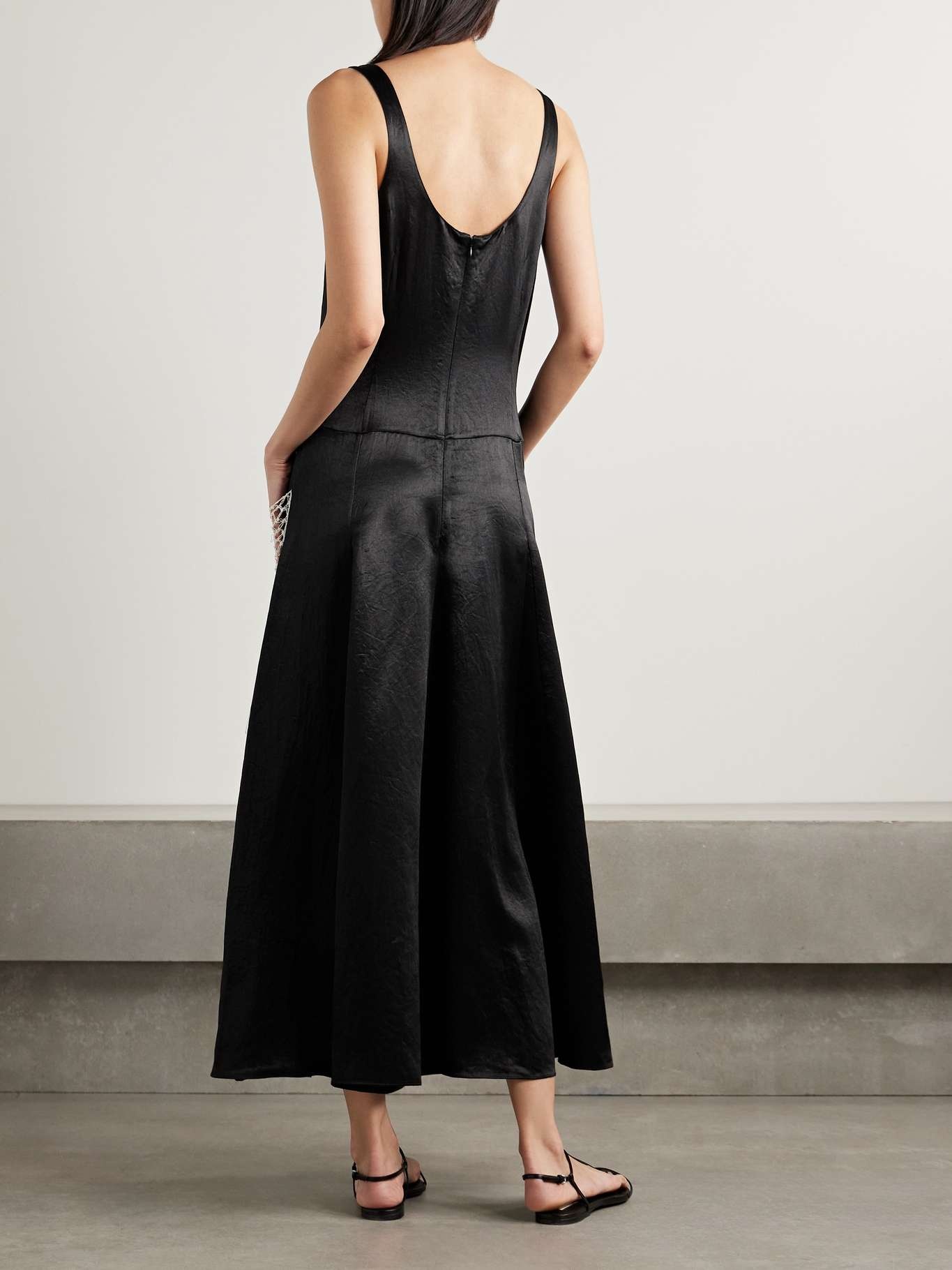 Macramé-trimmed satin-twill maxi dress Black - 3