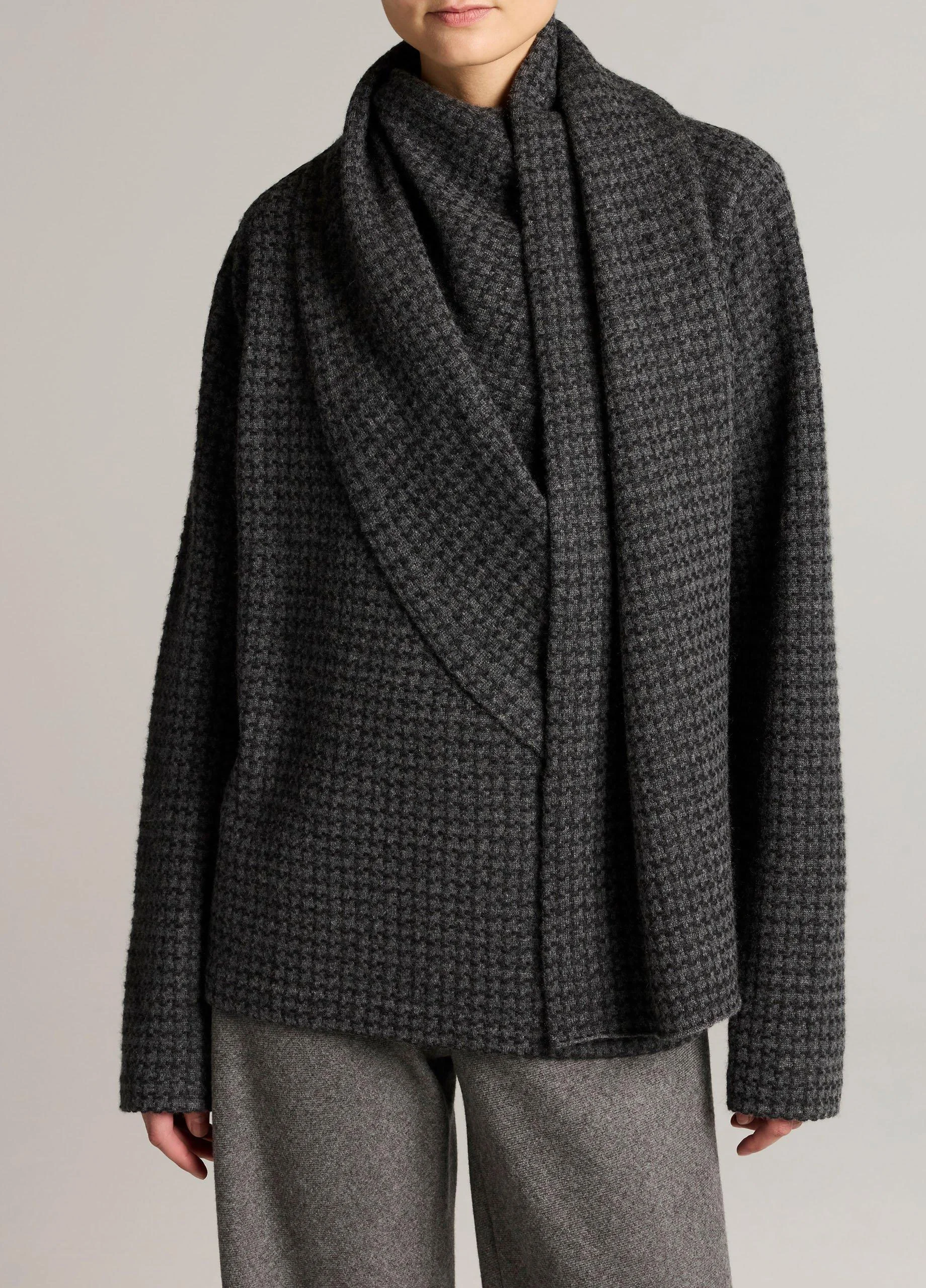 Houndstooth Draped-Shawl Wool-Cashmere Sweater - 1
