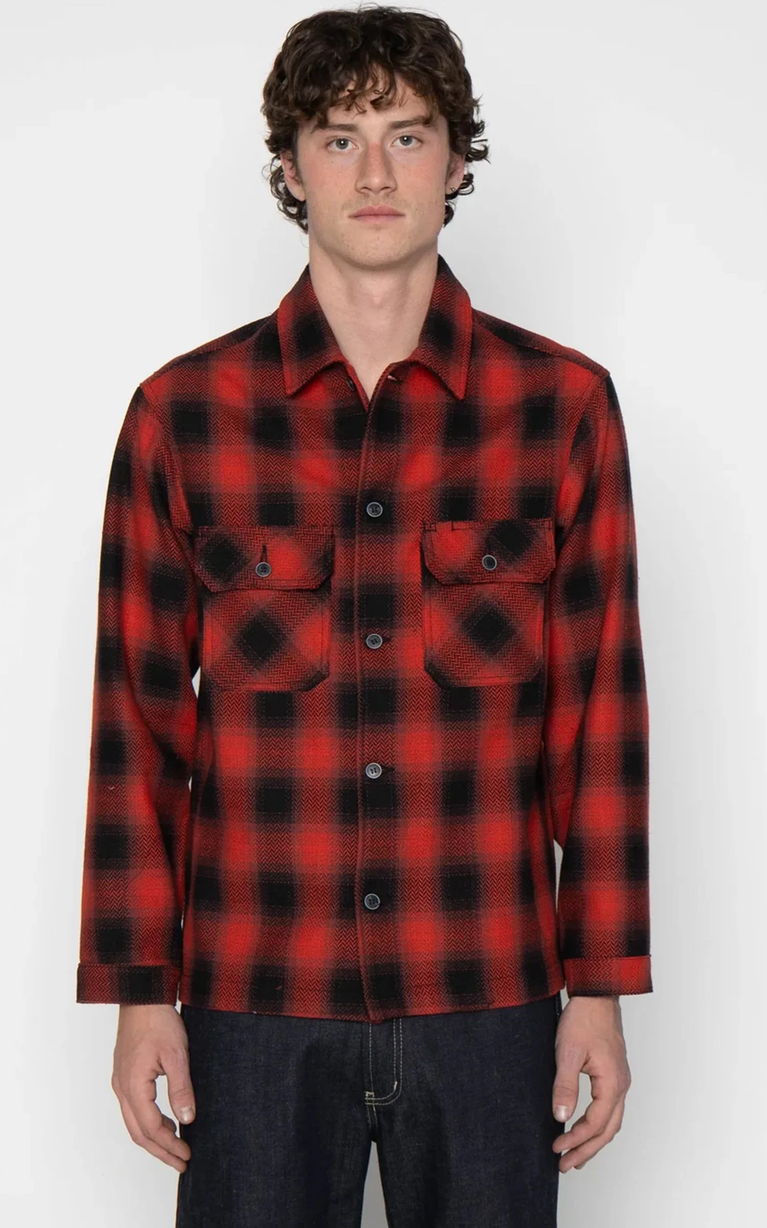 NAKED & FAMOUS WORK SHIRT TRIPPY OMBRE PLAID RED - 1