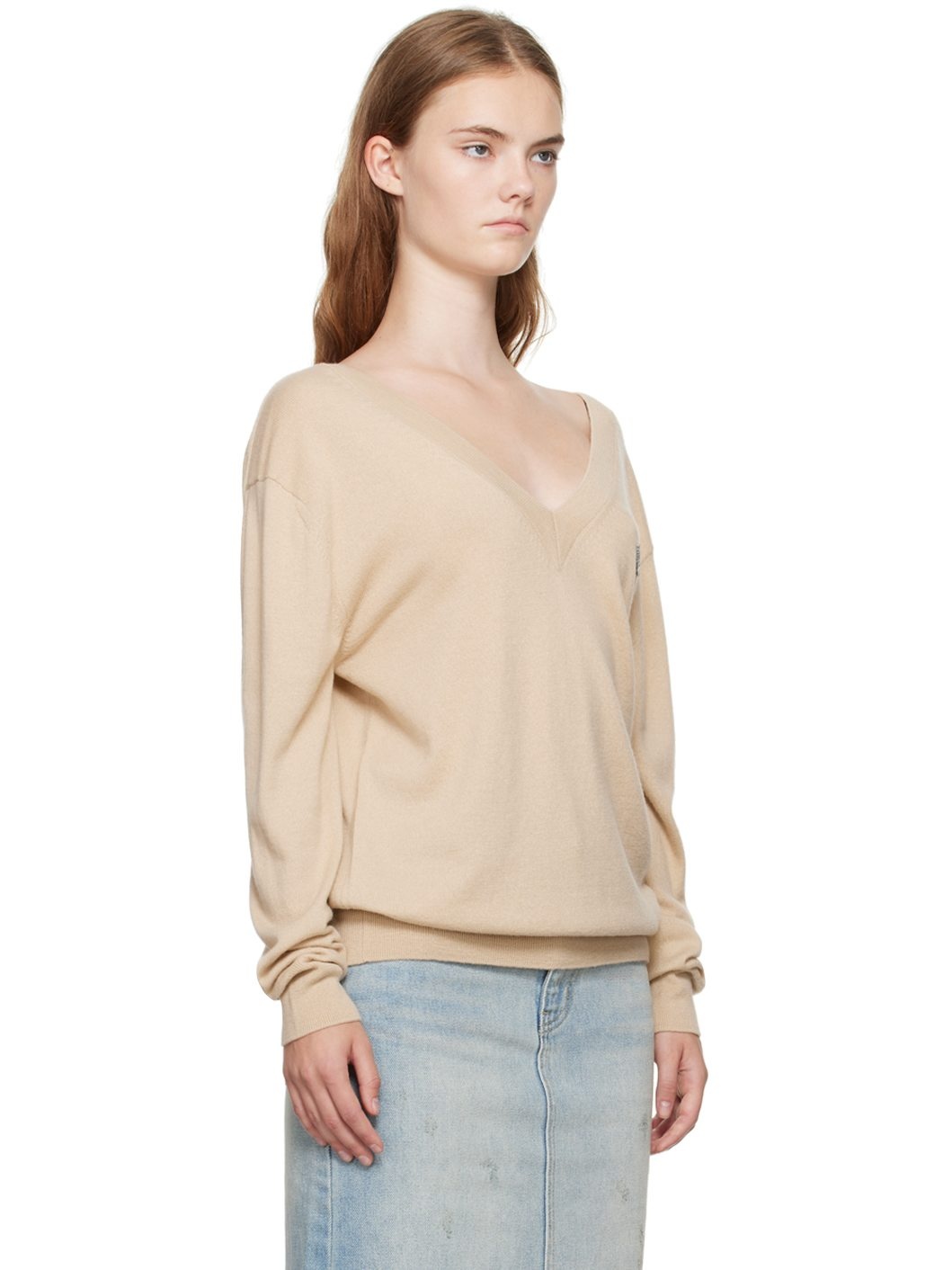 Beige Deep V-Neck Sweater - 2