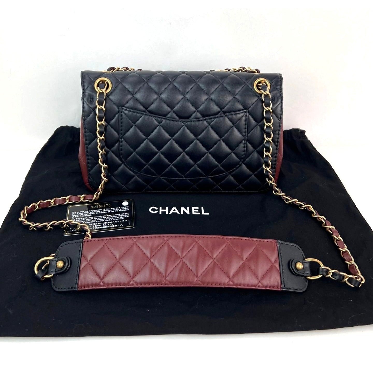 Chanel Calfskin Quilted Strap into Flap Black Burgundy Shoulder Bag - 2