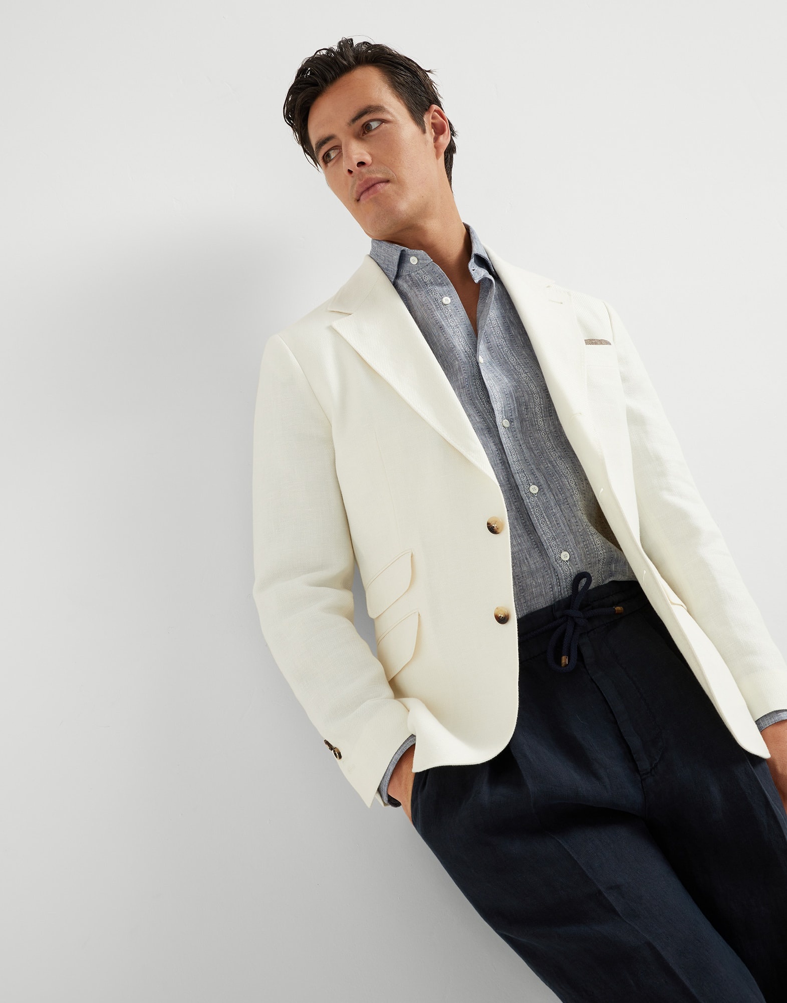 Jacquard stripe linen easy fit shirt with spread collar - 4