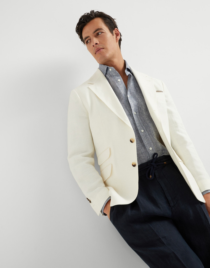 Jacquard stripe linen easy fit shirt with spread collar 4
