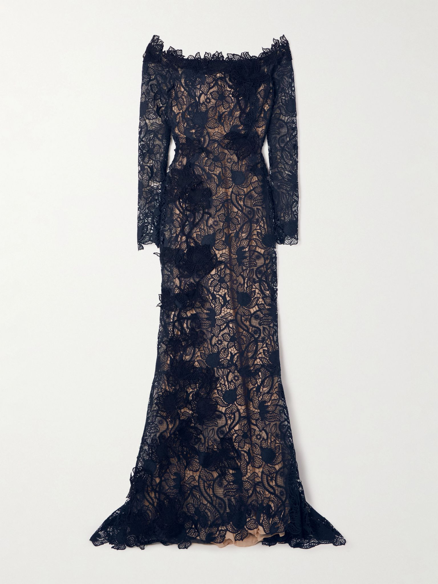 Off-the-shoulder appliquéd guipure lace gown Black - 1