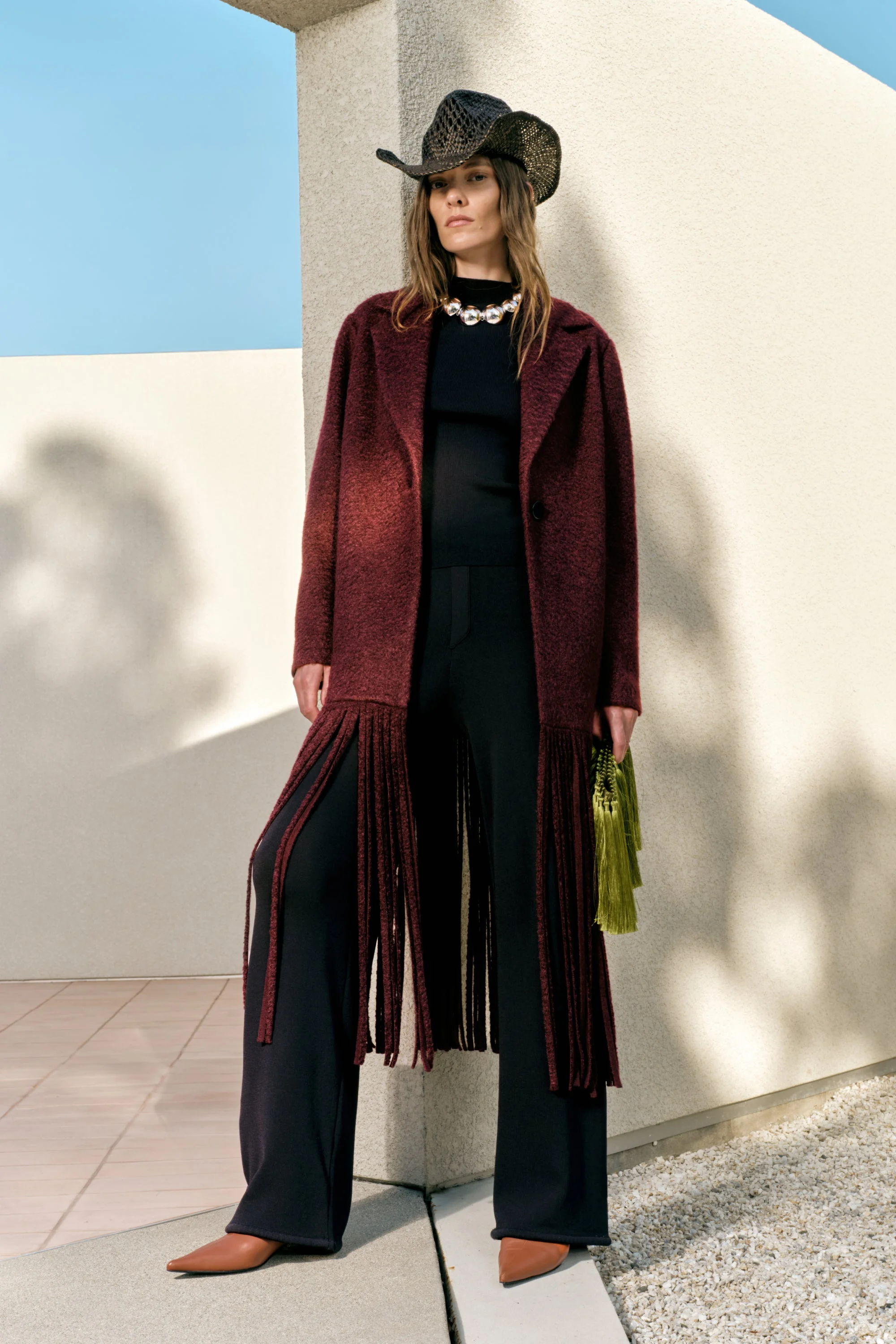 Vero Fringe Coat In Bordeaux - 1