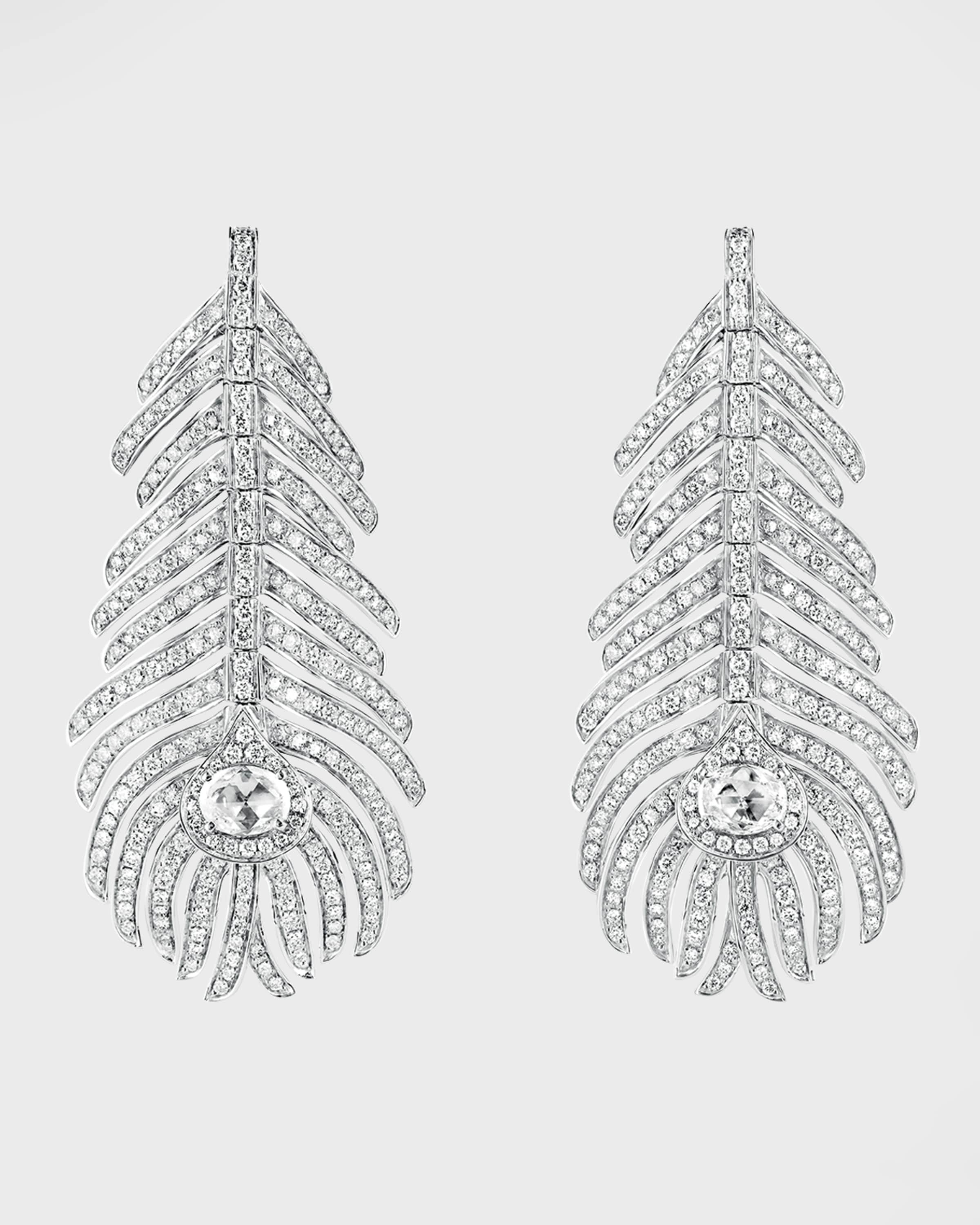 White Gold Plume de Paon Medium Diamond Feather Earrings - 1