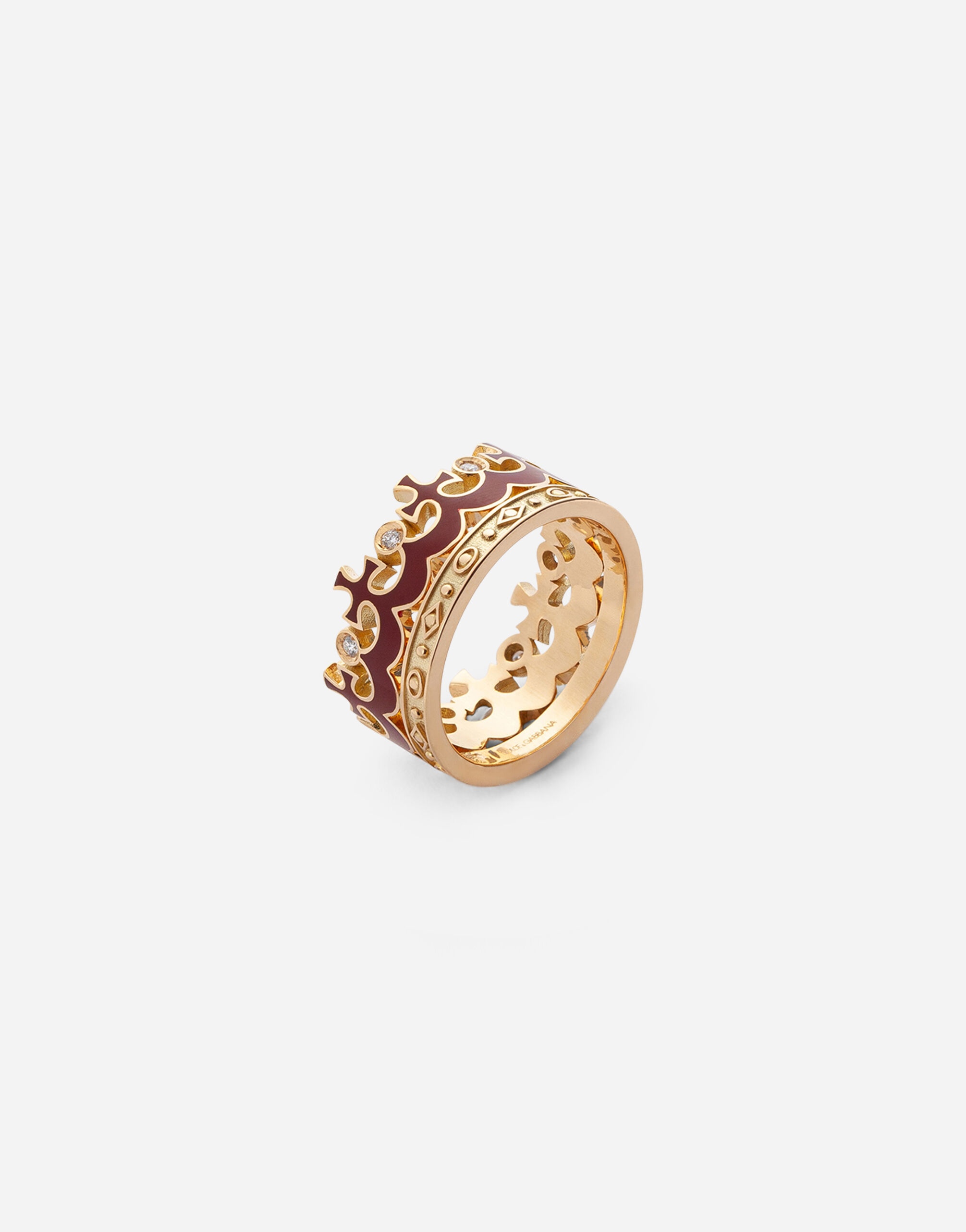 Crown yellow gold ring with burgundy enamel crown and diamonds - 2