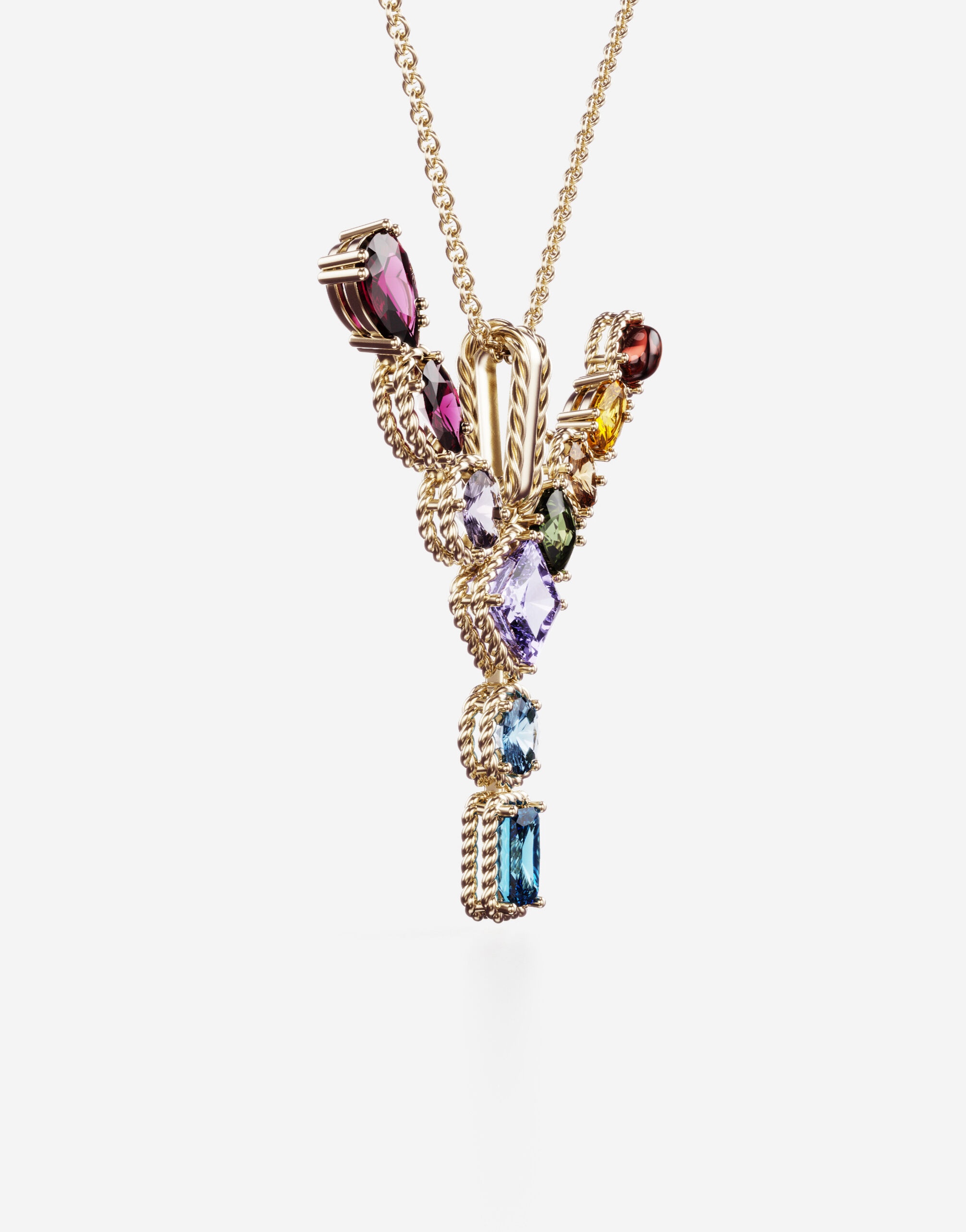 Rainbow alphabet Y pendant in yellow gold with multicolor fine gems - 3