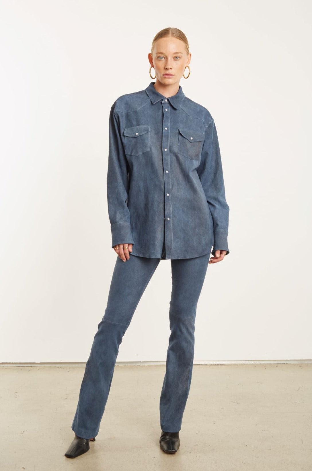 DENIM SUEDE WESTERN BUTTON DOWN - 5