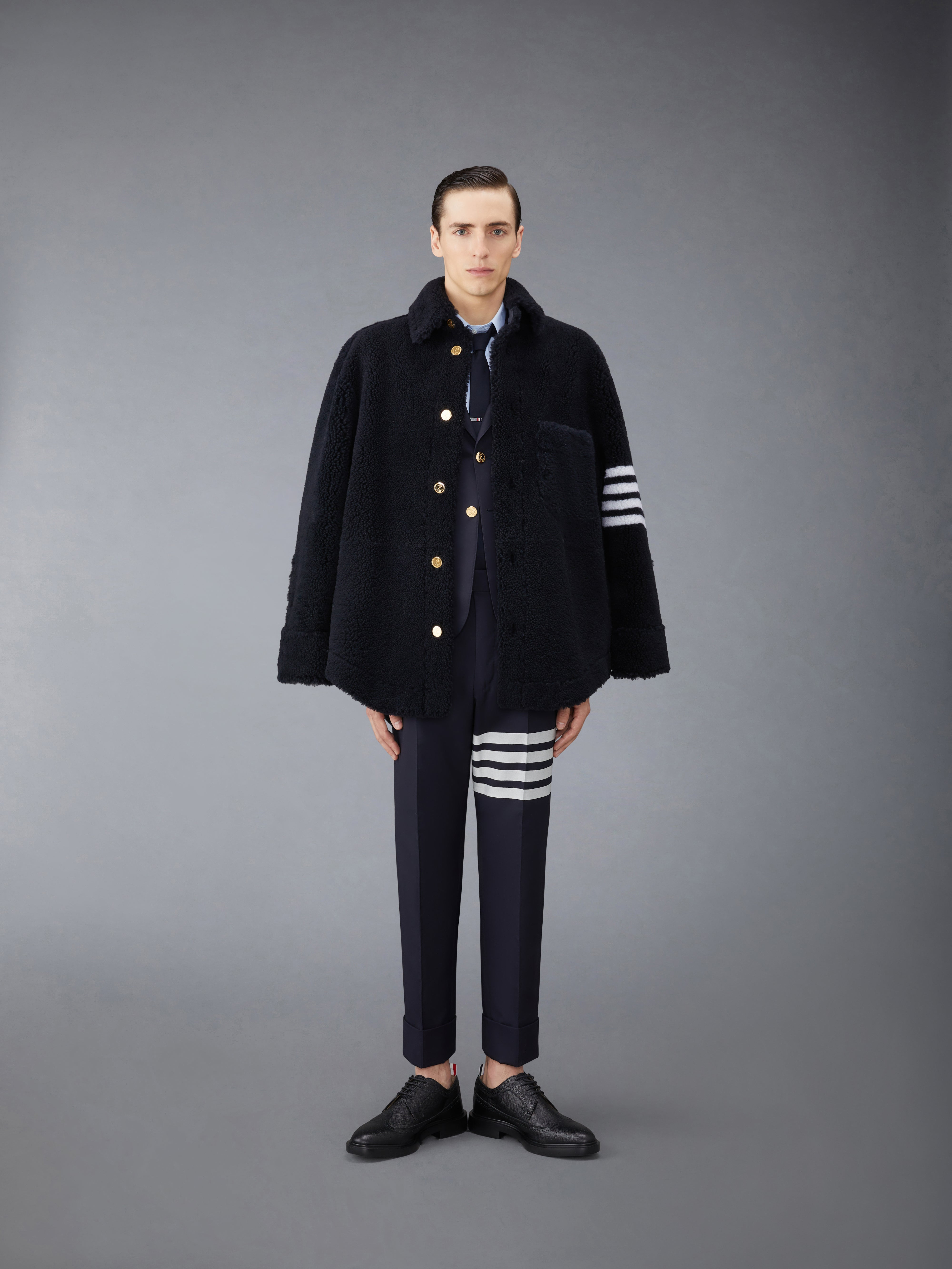 Navy Dyed Shearling 4-Bar Oversized Shirt Jacket - 3