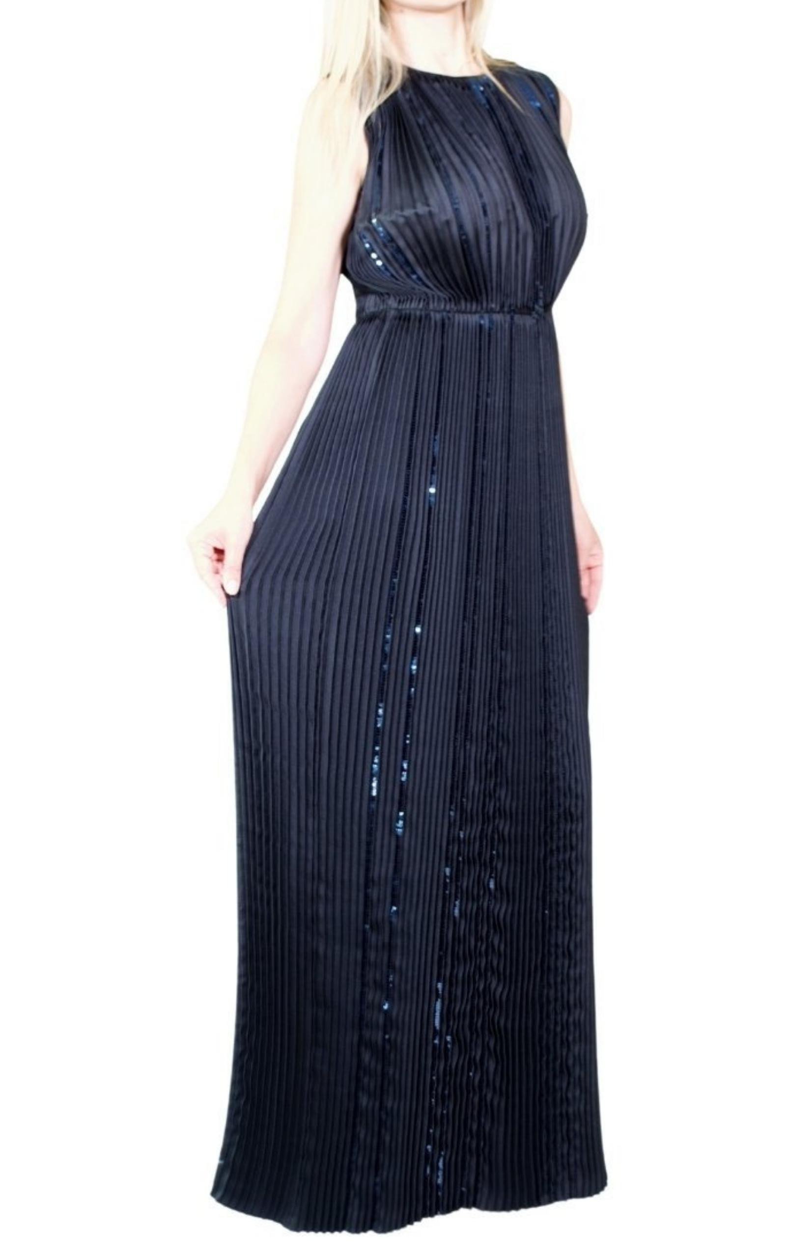 Black Pleated Sequin Embellished Maxi Silk Gown - 4