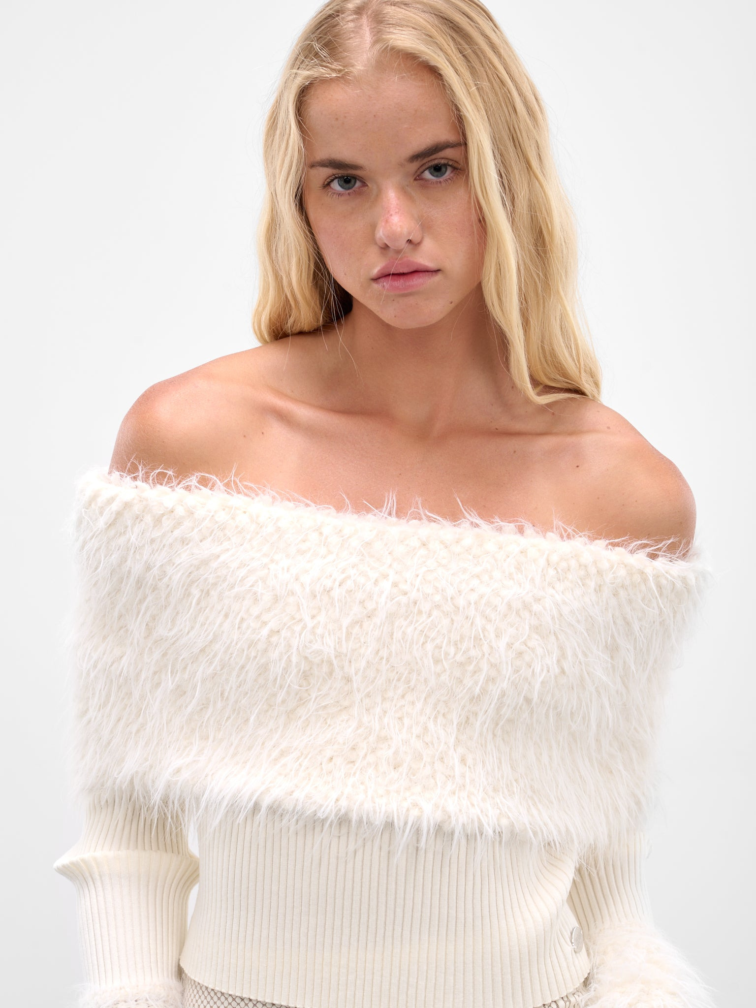 Ecru Hairy Ribbed Crop Sweater - 4