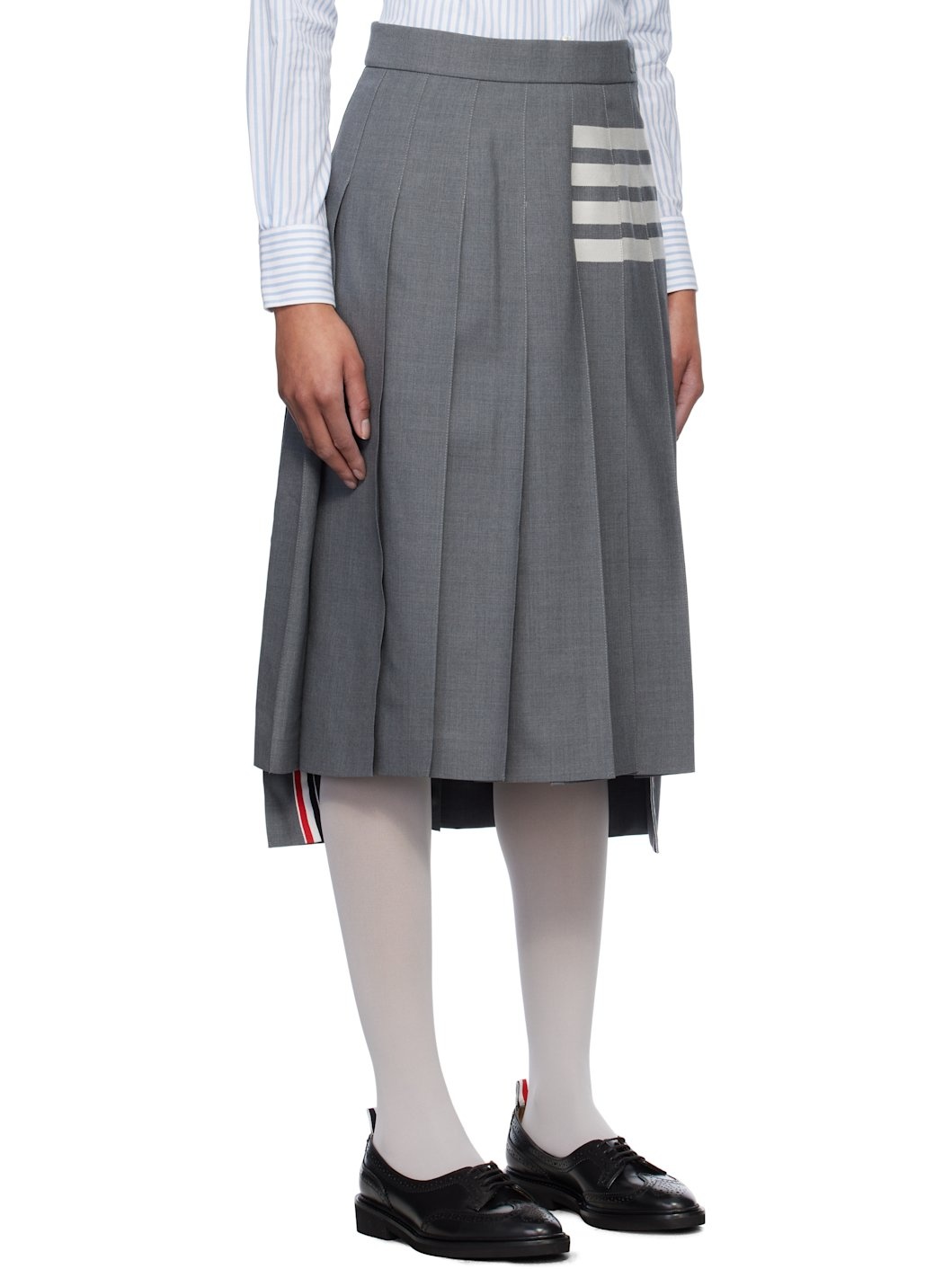 Gray Plain Weave 4-Bar Pleated Midi Skirt - 2