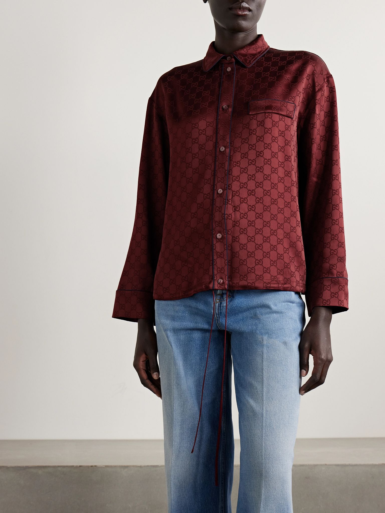 Tie-front satin-jacquard shirt Red - 3