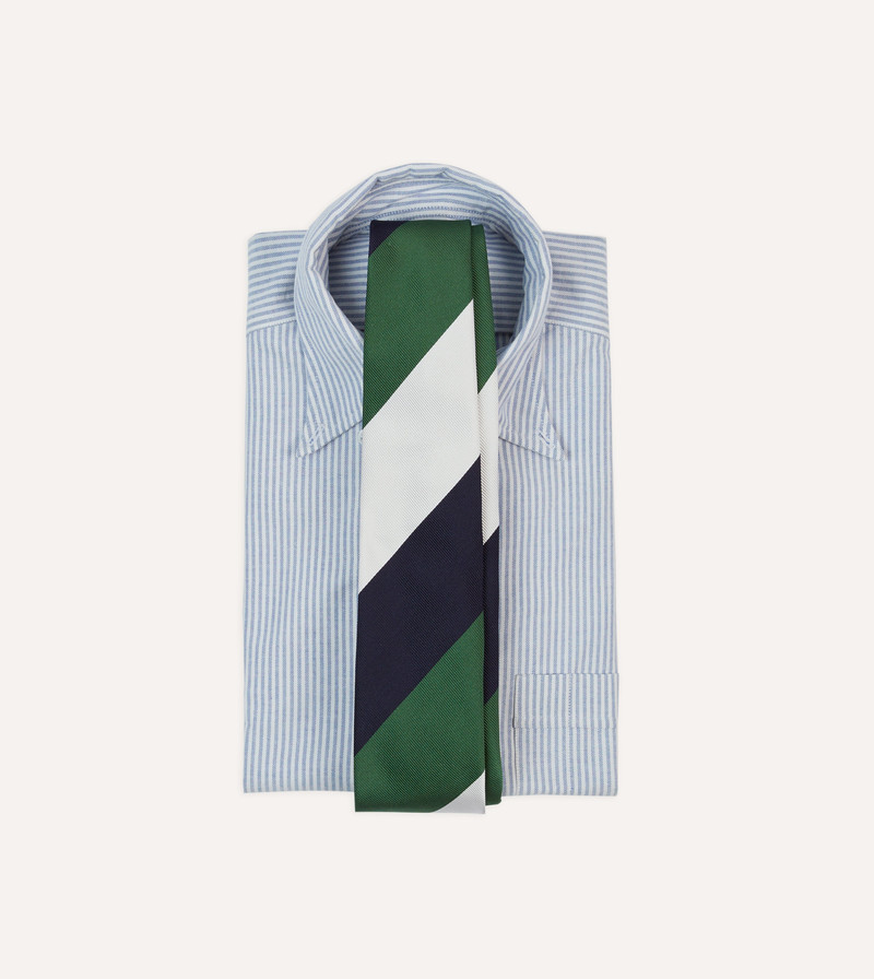 Drake's White, Navy and Green Wide Stripe Repp Silk Tipped Tie outlook