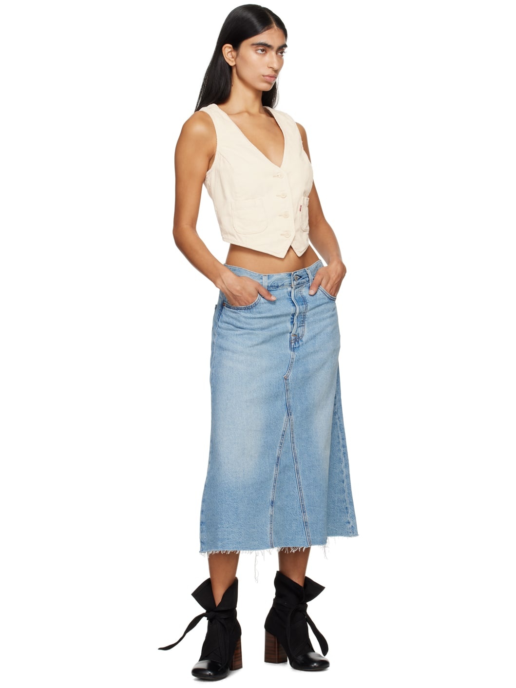 Blue High Rise A-Line Denim Midi Skirt - 4