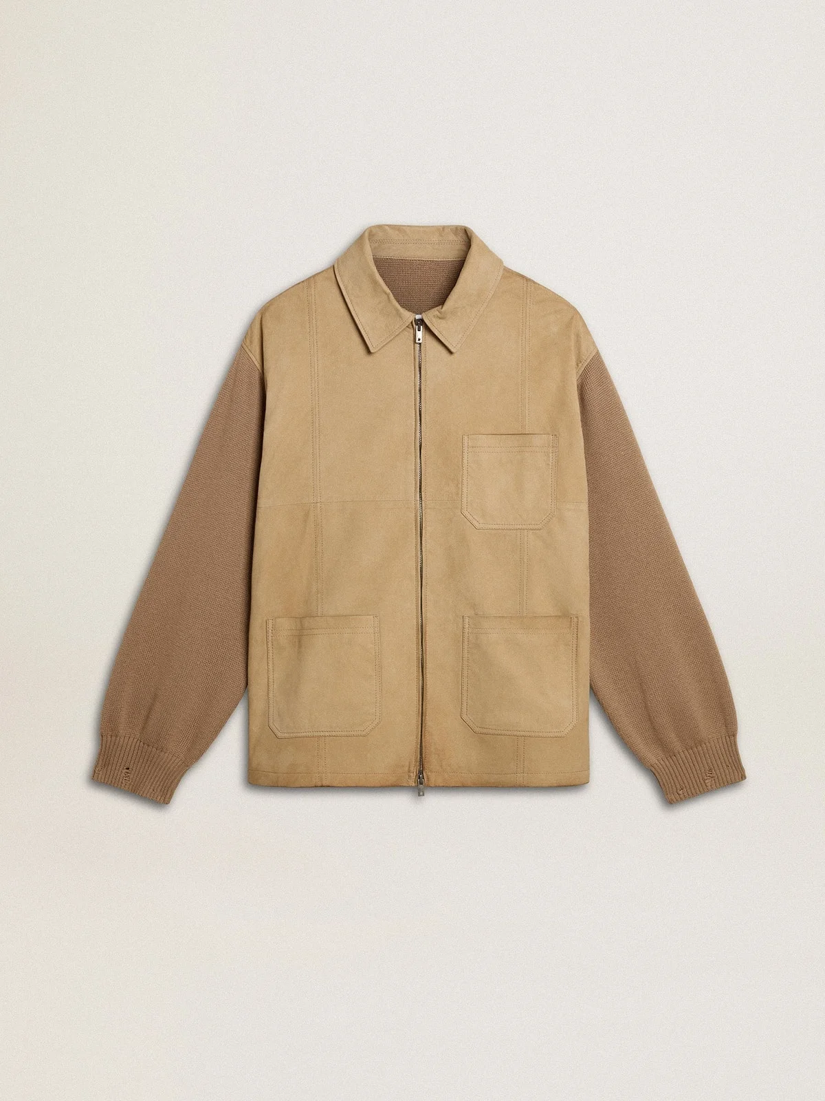 Men's jacket in travertine-colored nubuck leather with wool-blend sleeves and back - 1