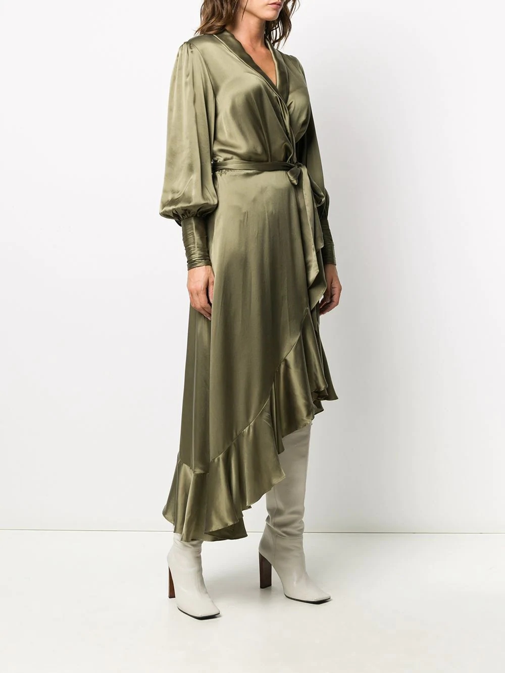 balloon-sleeve asymmetric hem wrap dress - 3