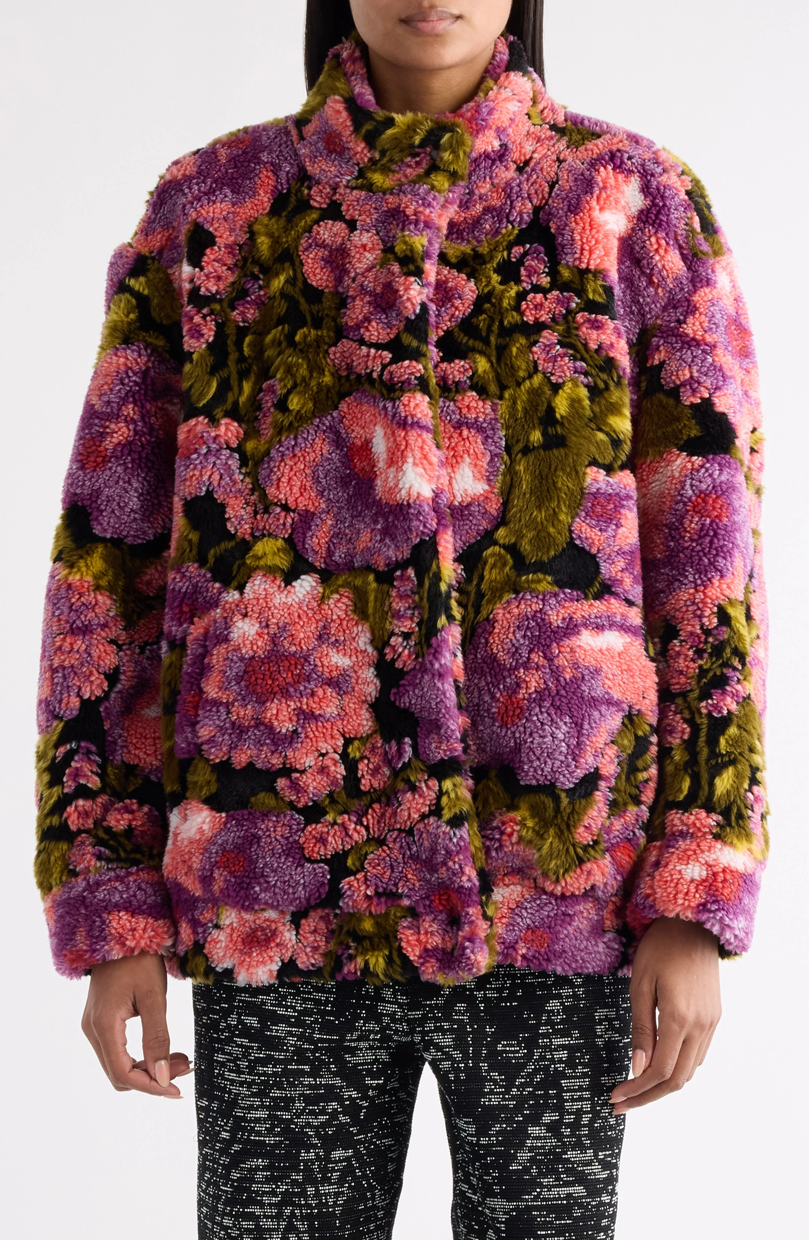 Dries Van Noten Vandi Floral Jacquard High Pile Fleece Jacket in Pink at Nordstrom - 1