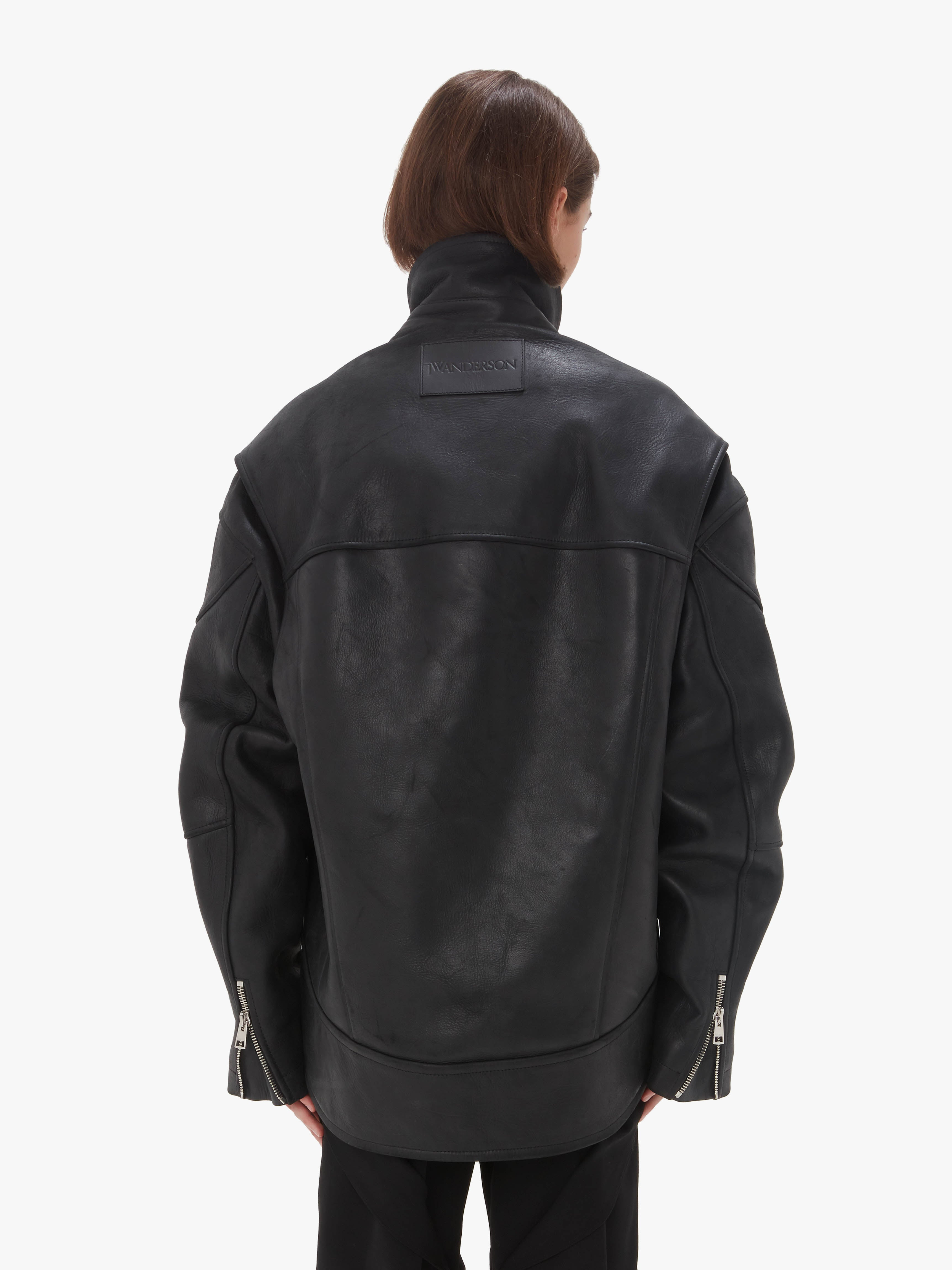 CURVED LEATHER HEM HIGH NECK JACKET - 3