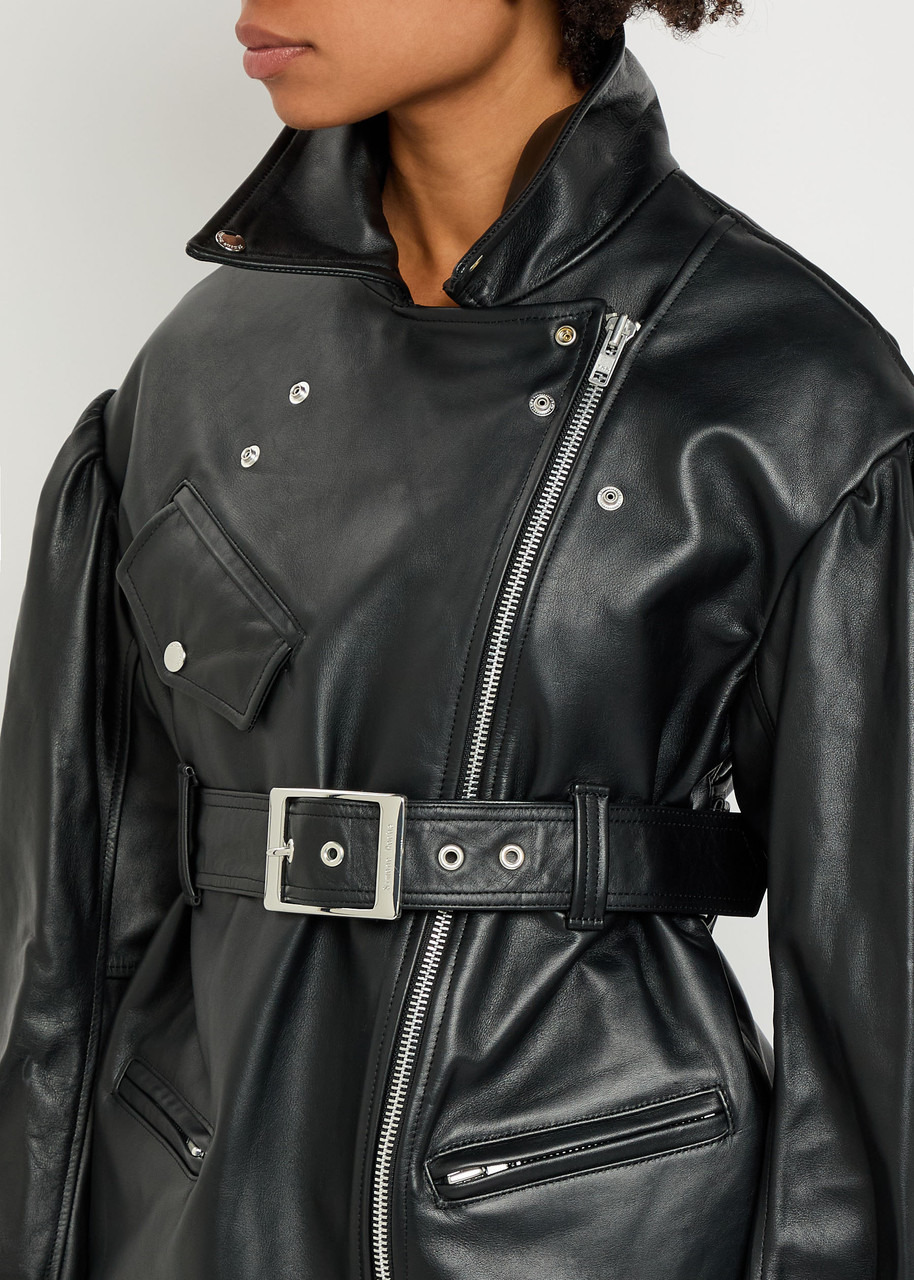 Simone Rocha Puff Sleeve Belted Leather Biker Jacket - 5