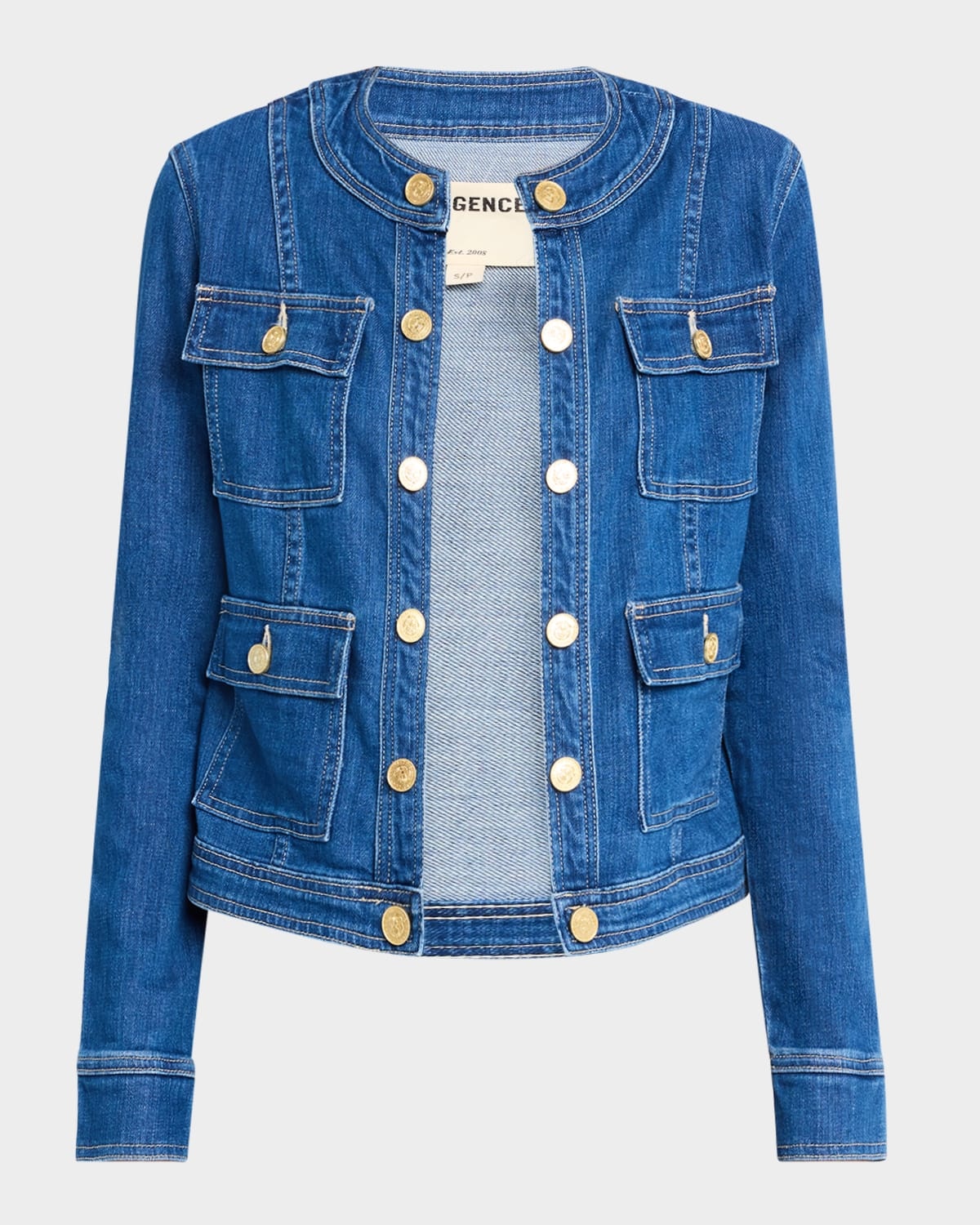 L'AGENCE Yari Faded Collarless Denim Jacket | neimanmarcus