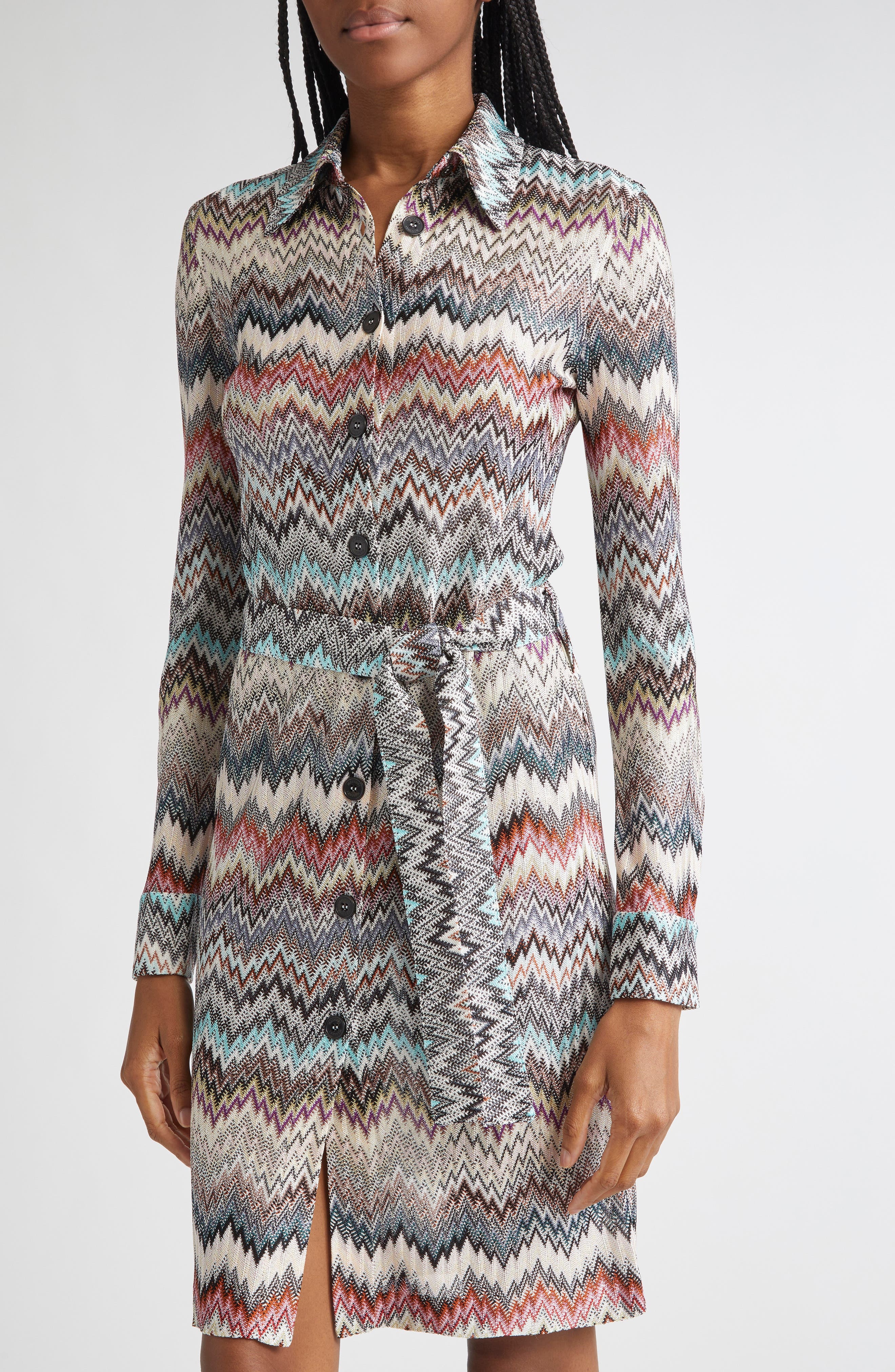 Missoni Zigzag Stripe Belted Long Sleeve Knit Shirtdress in Multi Wht Blue Brown at Nordstrom - 4