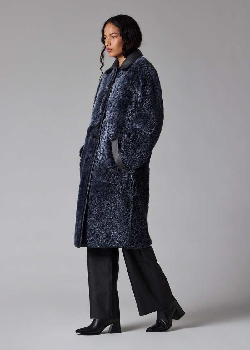 Women's Navy Reversible Leather and Shearling Coat 11