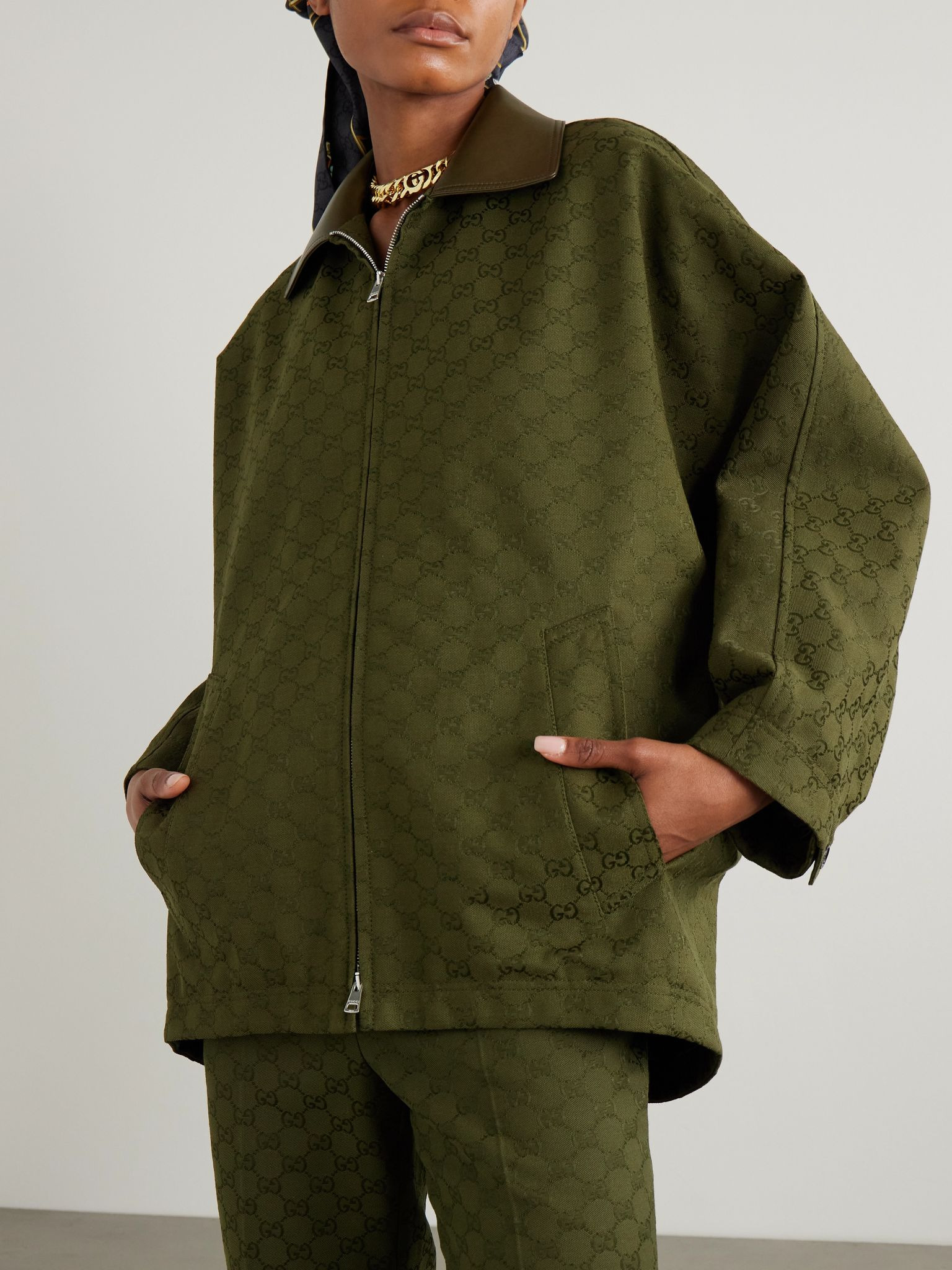 Leather-trimmed cotton-blend canvas-jacquard jacket Army green - 3