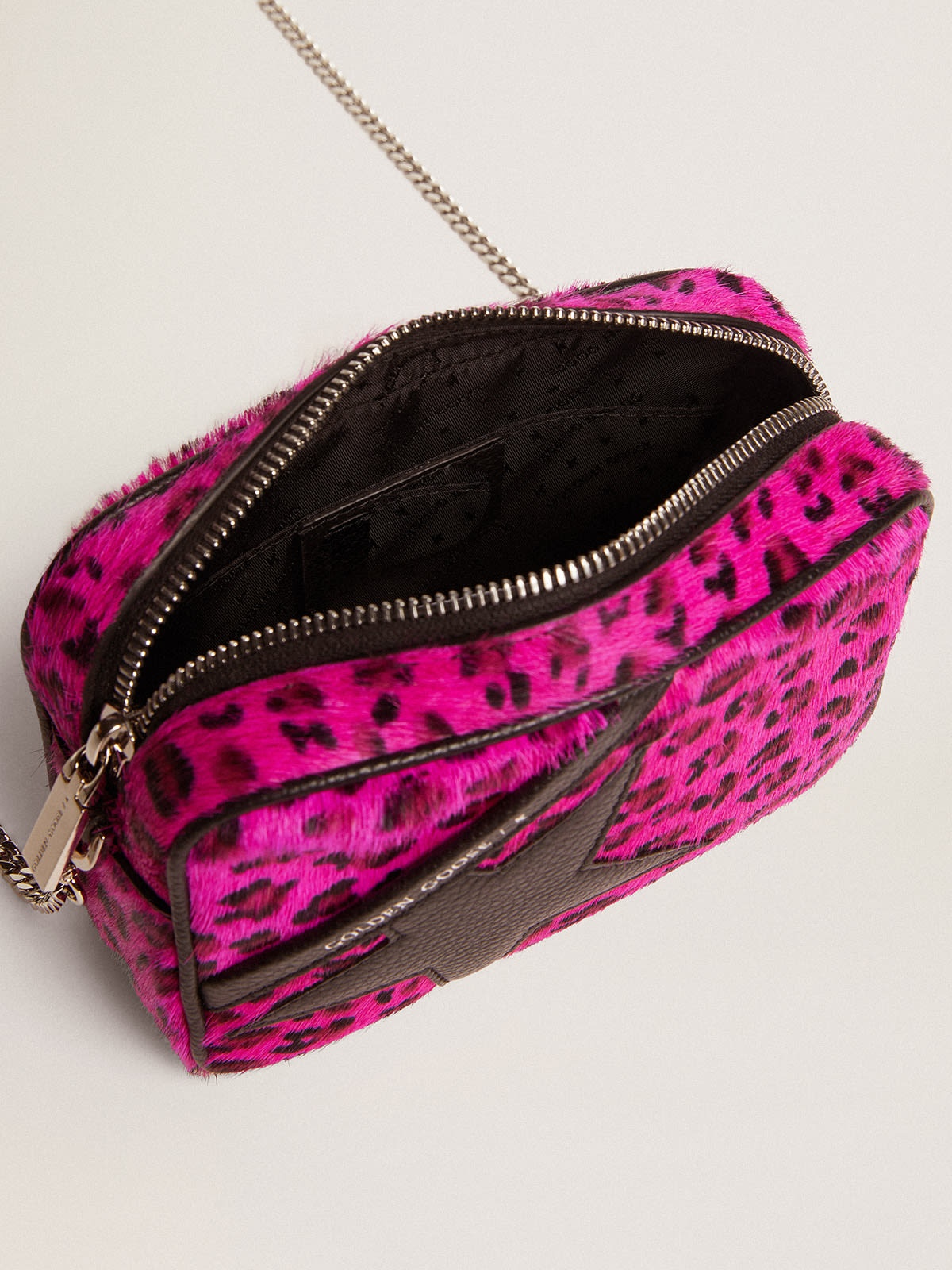 Mini Star Bag in fuchsia leopard-print pony skin with black leather star - 4