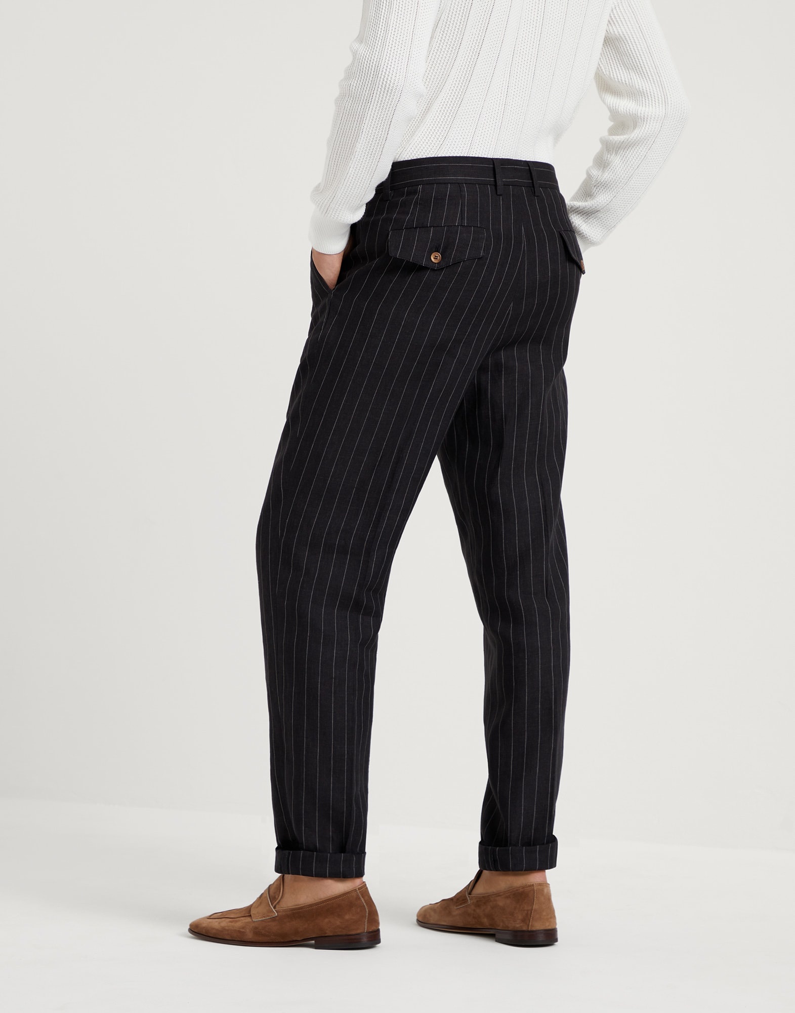 Linen chalk stripe leisure fit trousers with double pleats and tabbed waistband - 2