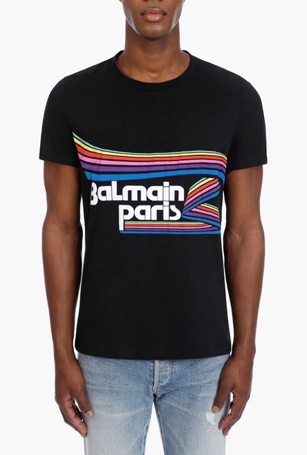 Black cotton T-shirt with multicolor rubber Balmain Paris logo - 5
