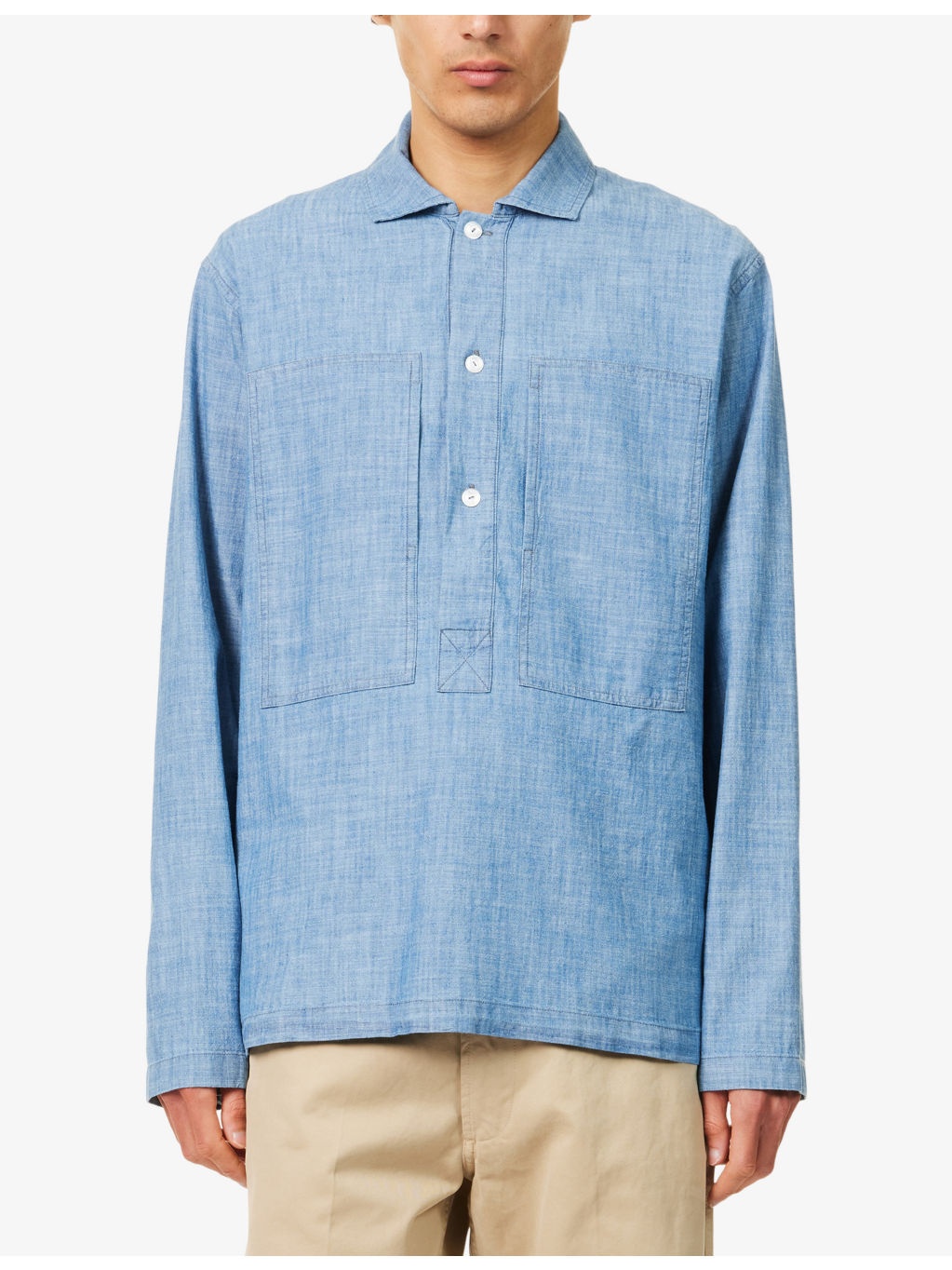 Chambray Spread-Collar Popover Cotton Shirt - 3