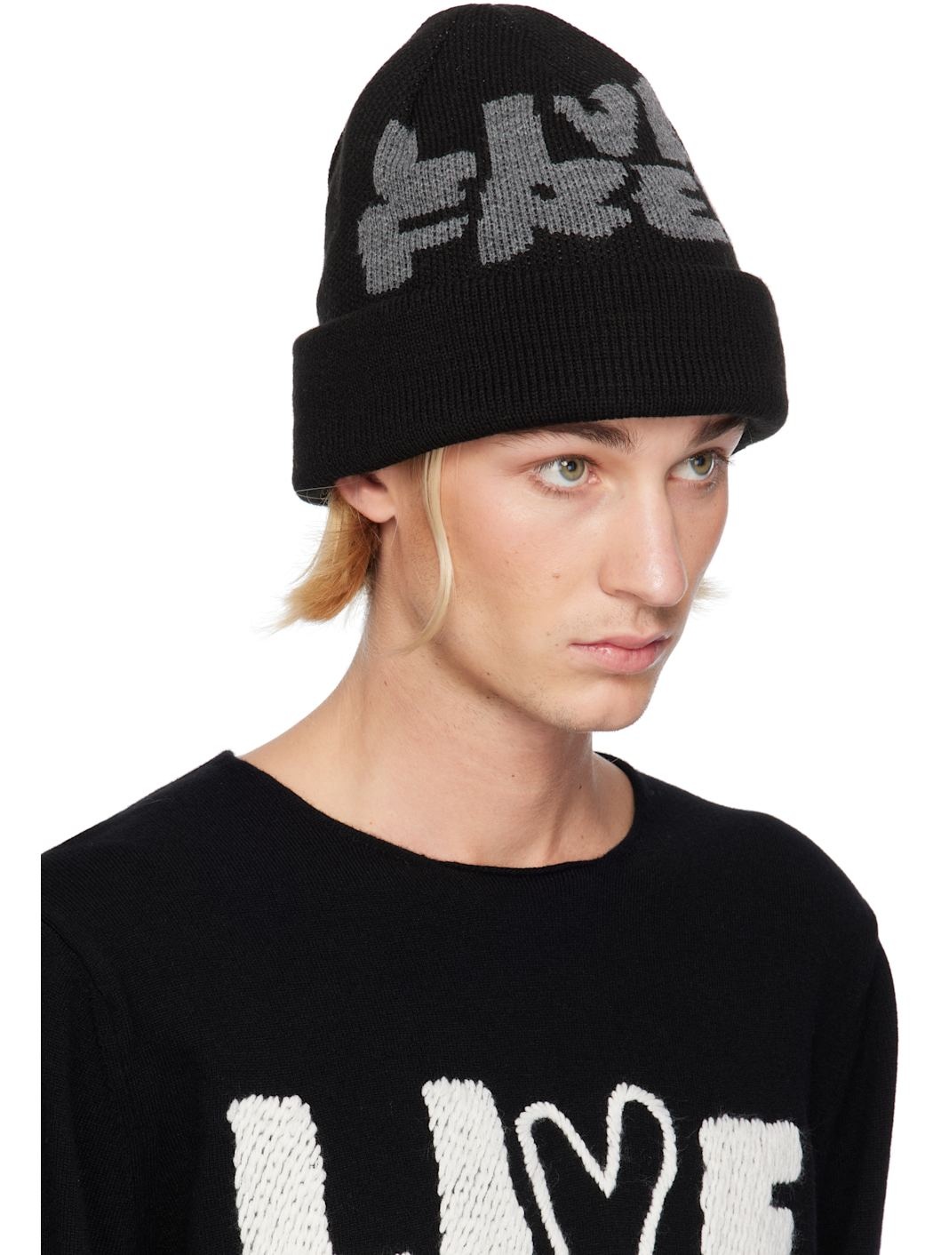 Black Jacquard Knit 'LIVE FREE' Beanie - 2