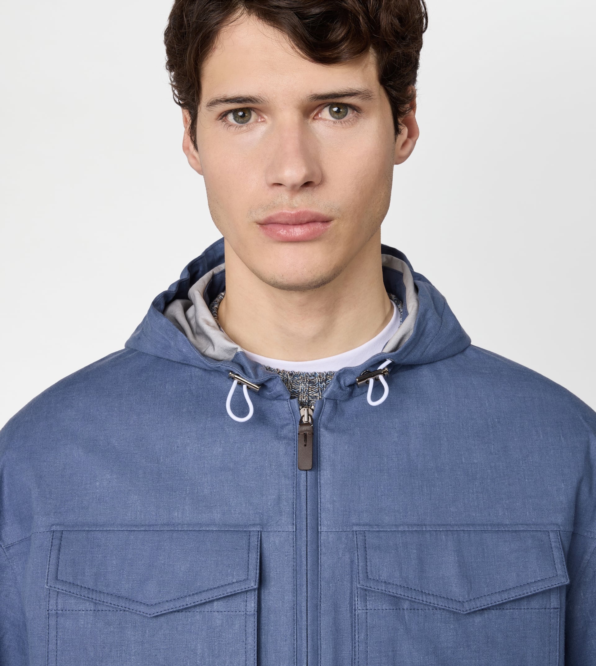 JACKET IN LINEN WITH HOOD - BLUE - 5