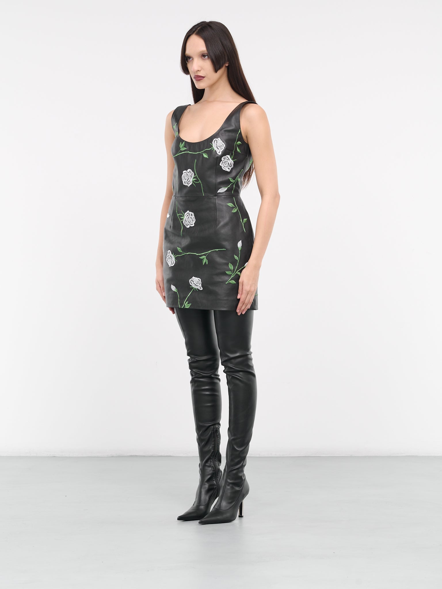 Floral Embroidered Leather Dress - 2