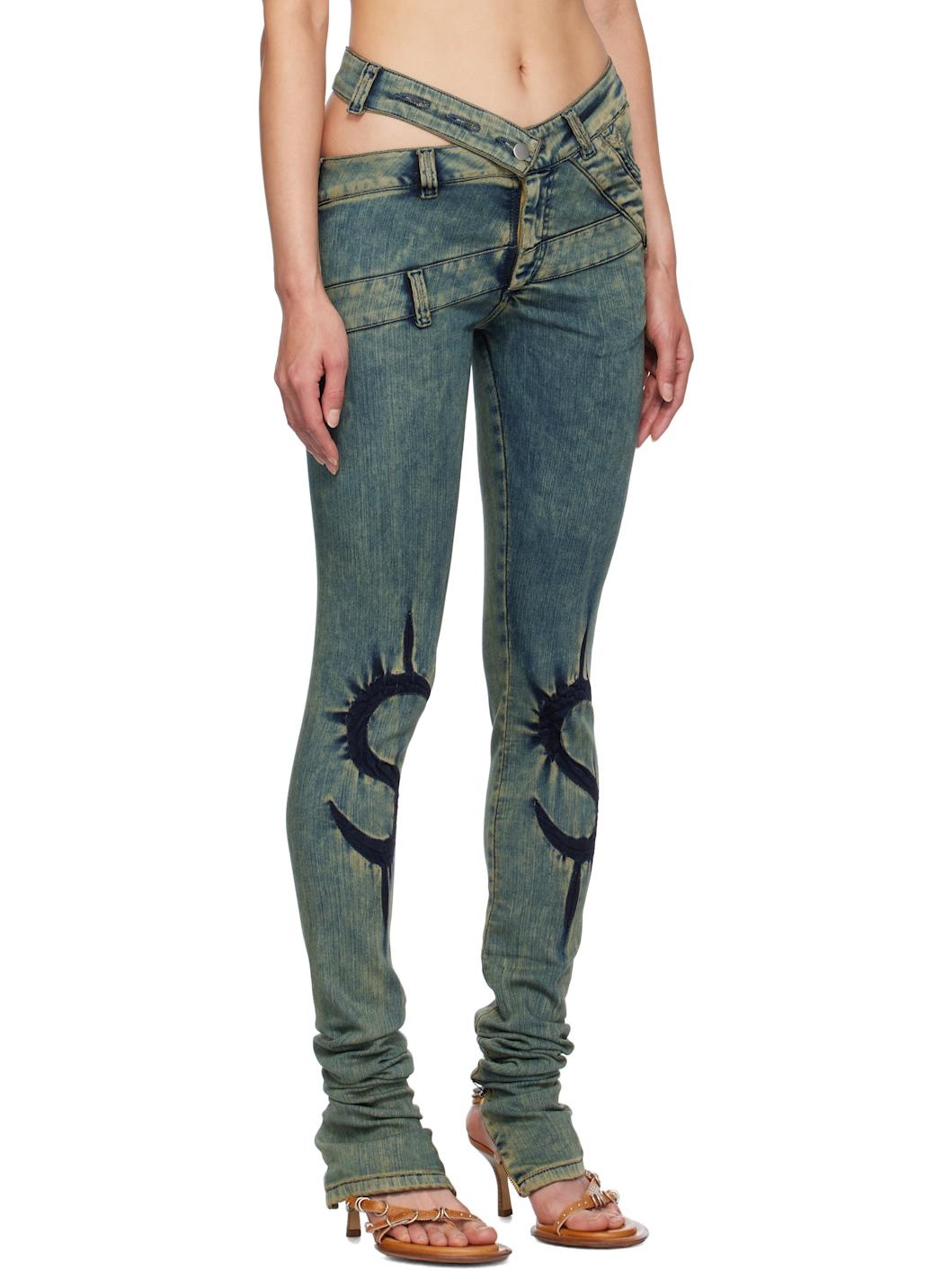 Blue Skinny Dollar Sign Joggins Back Zips Jeans - 2