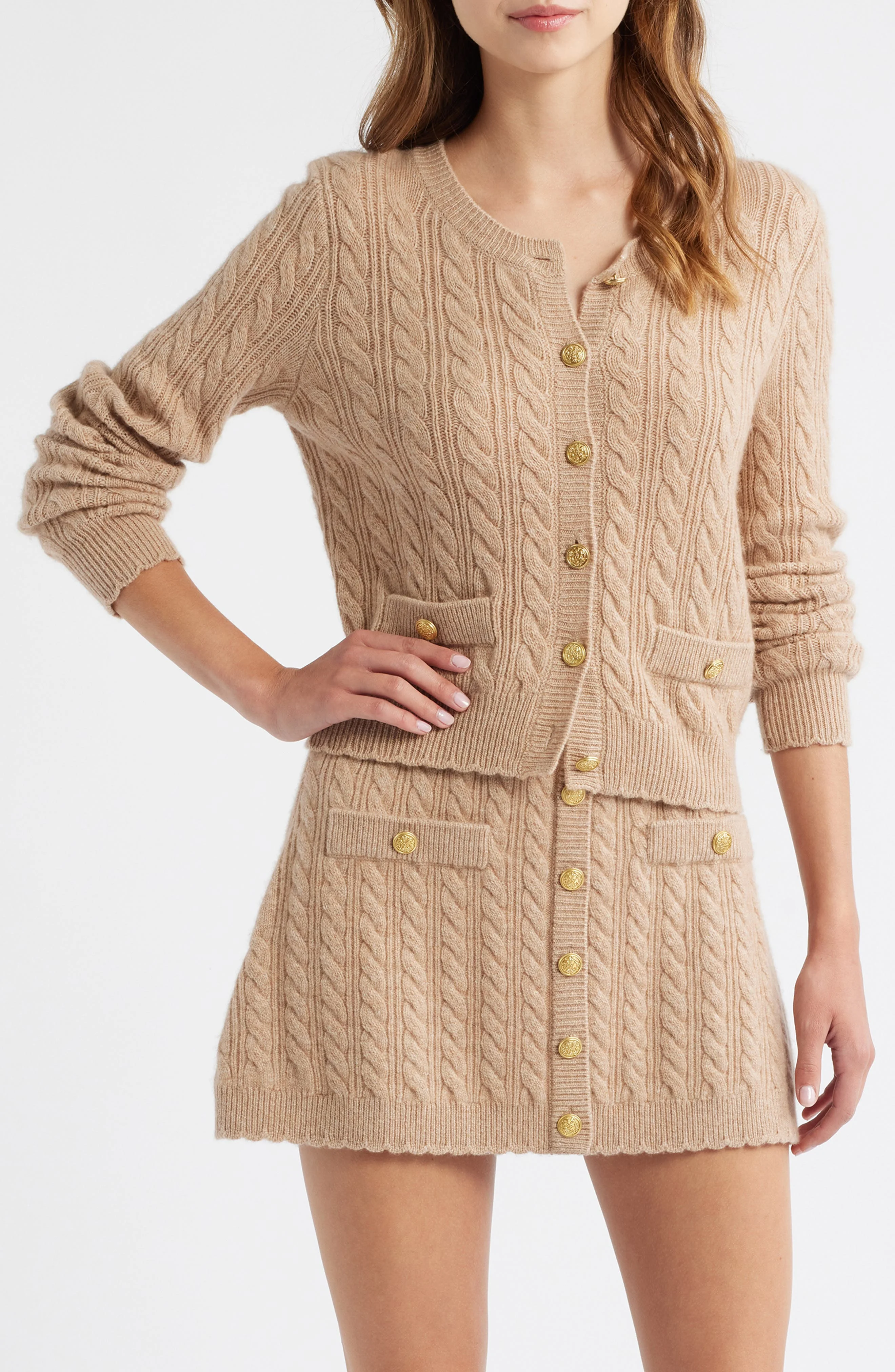 LoveShackFancy Eugenie Cable Knit Cashmere & Wool Cardigan in Camel Melange at Nordstrom - 1