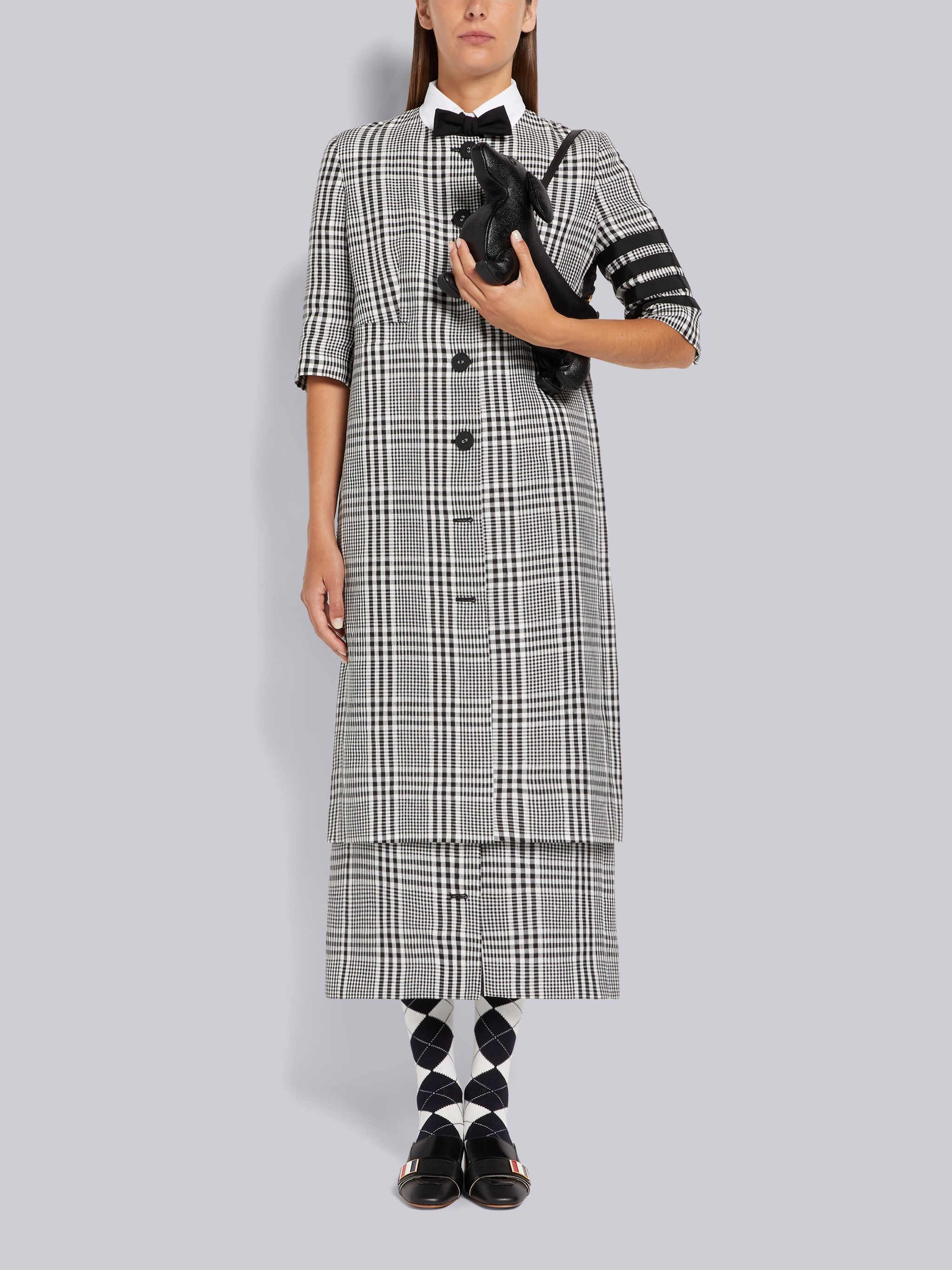 Black and White Gingham Crispy Linen 4-Bar Low Rise Button Front Ankle Length Cardigan Skirt - 4