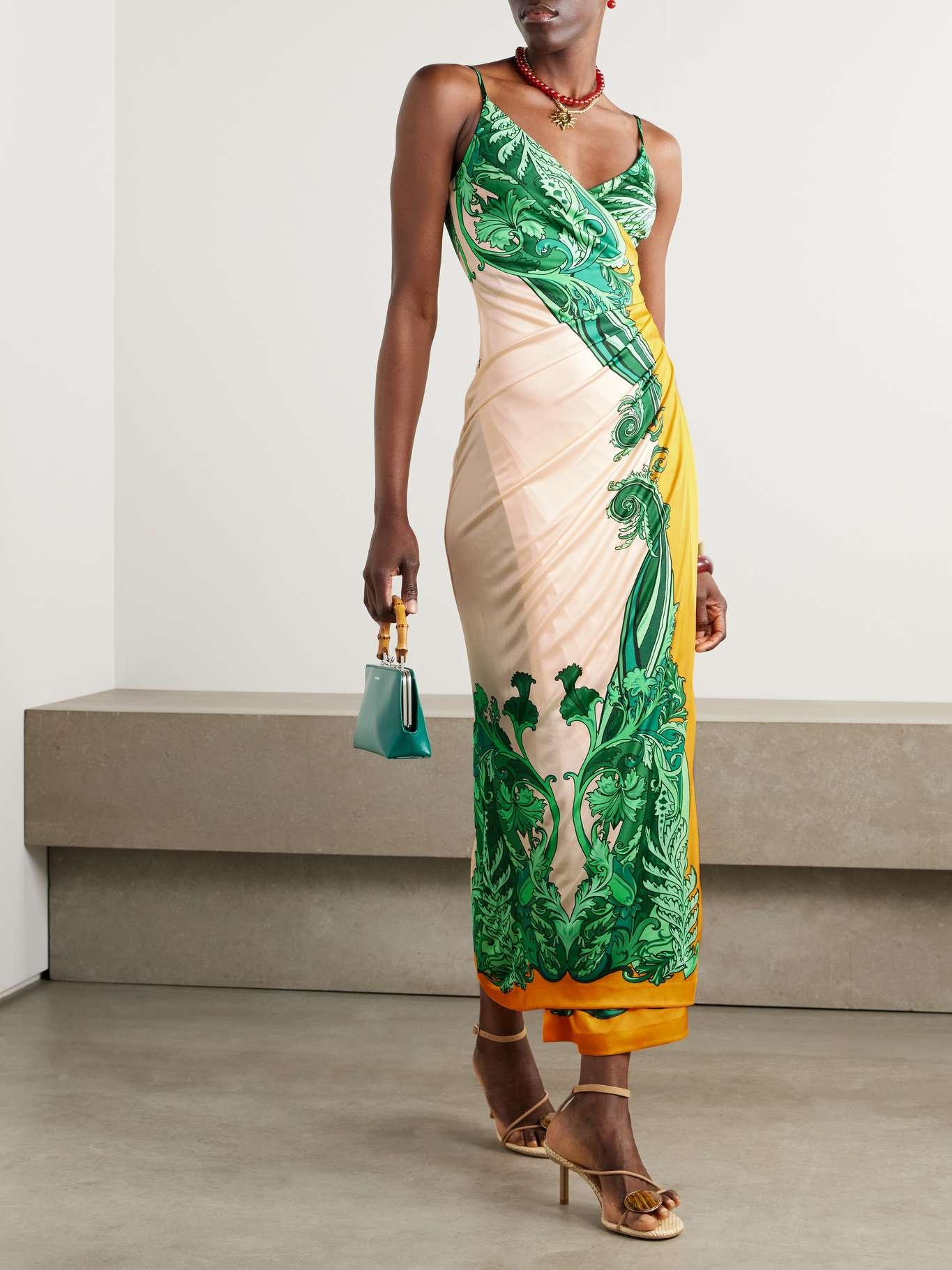 Wrap-effect gathered printed cady maxi dress Green - 2