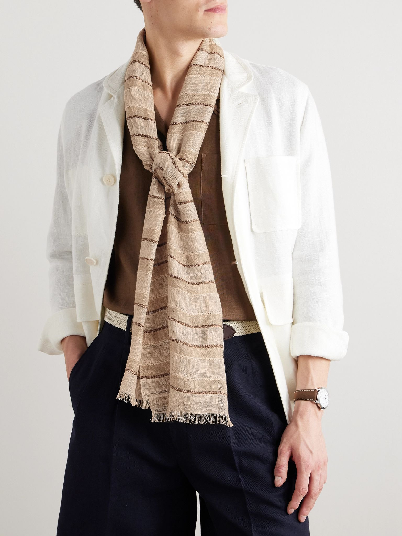 Nakaumi Frayed Striped Silk, Linen and Cotton-Blend Scarf Beige - 2