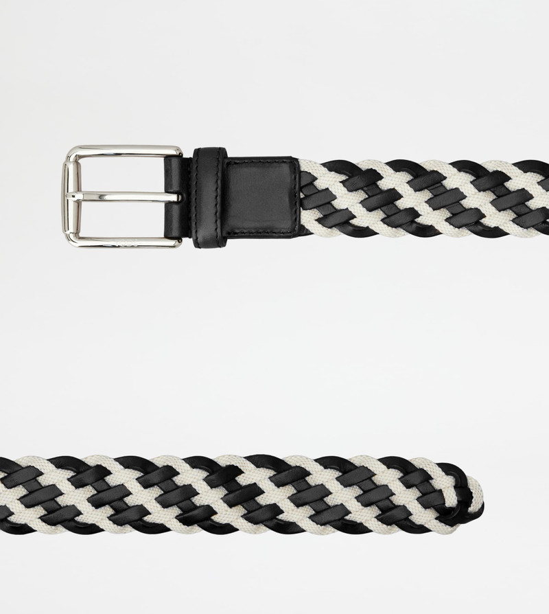 Tod's BELT IN LEATHER AND CANVAS - BLACK, WHITE outlook
