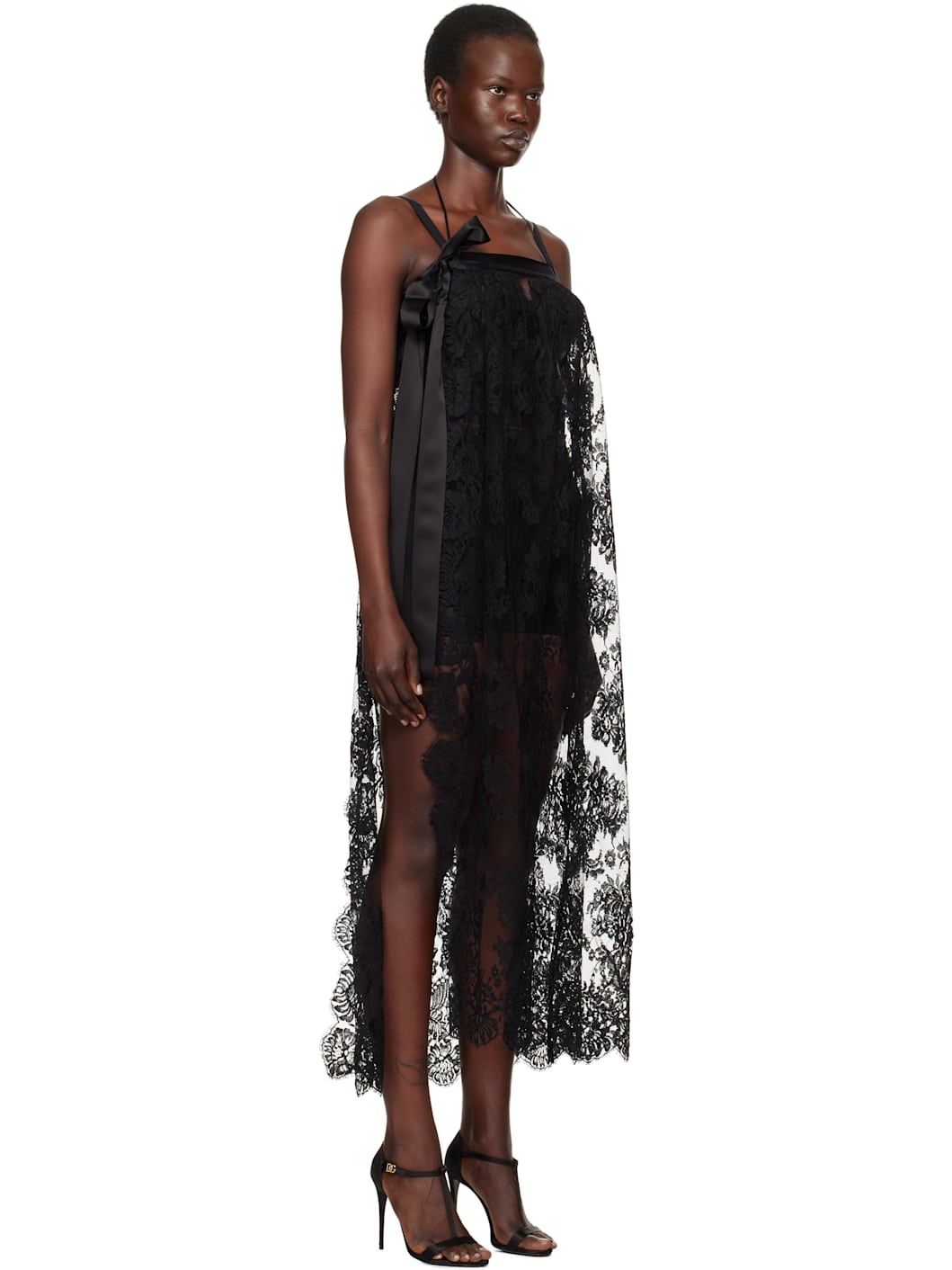 Black Calf-Length Chantilly Lace Midi Dress - 2
