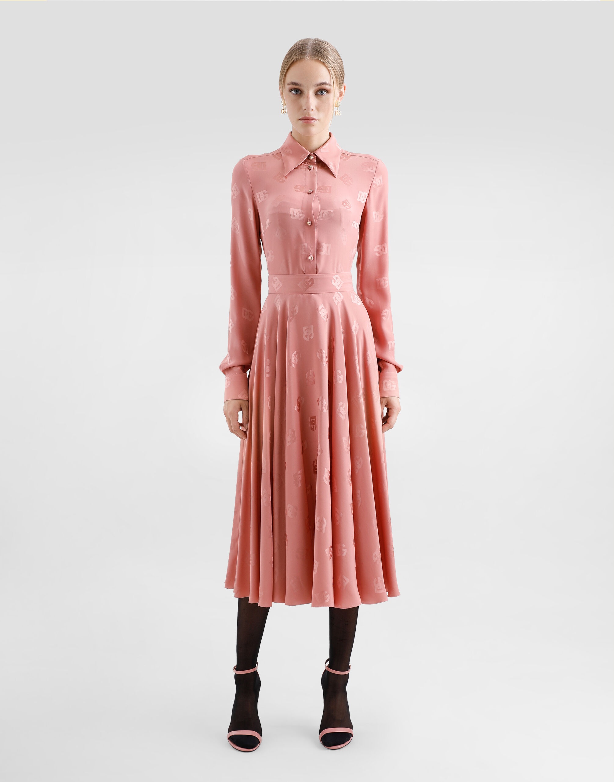 Silk jacquard calf-length circle skirt with DG logo - 2