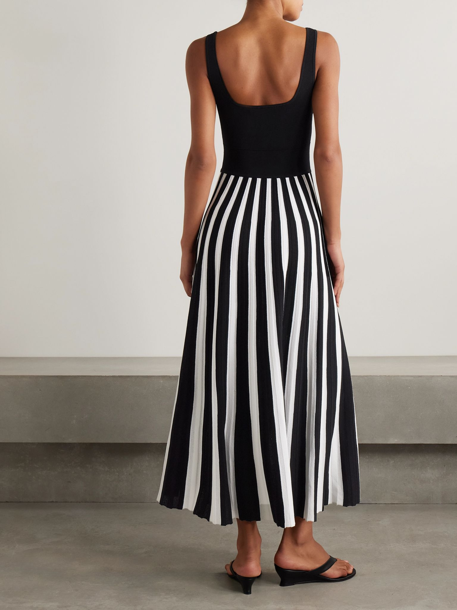 Striped ribbed pointelle-knit midi dress Black - 3