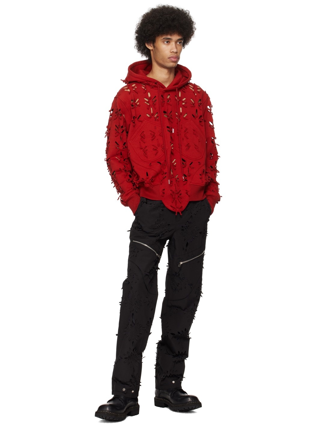 Black Laser-Slashed Flower Trousers - 4
